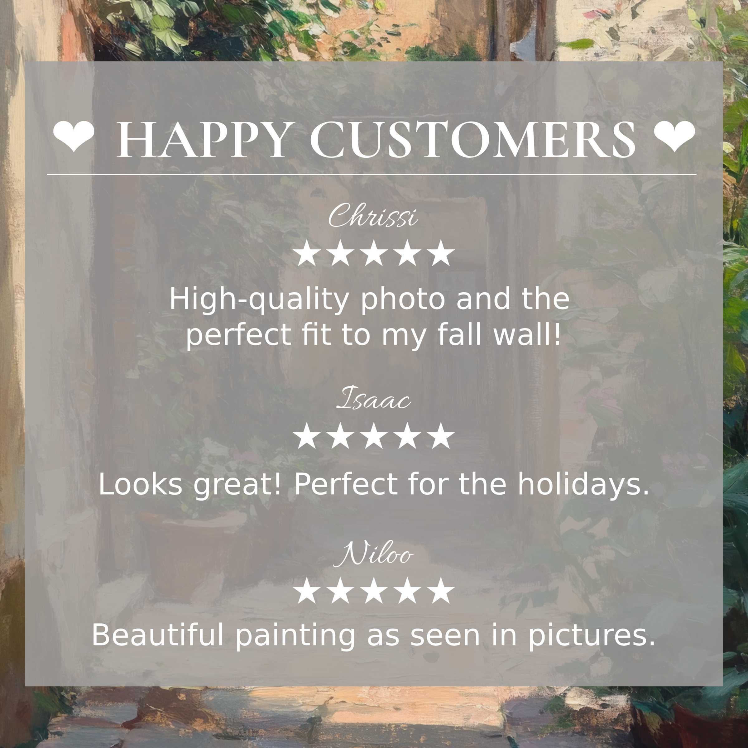 Urban art for Frame TV with lush garden tones; layout inspires trust showcasing happy customer reviews and refined elegance