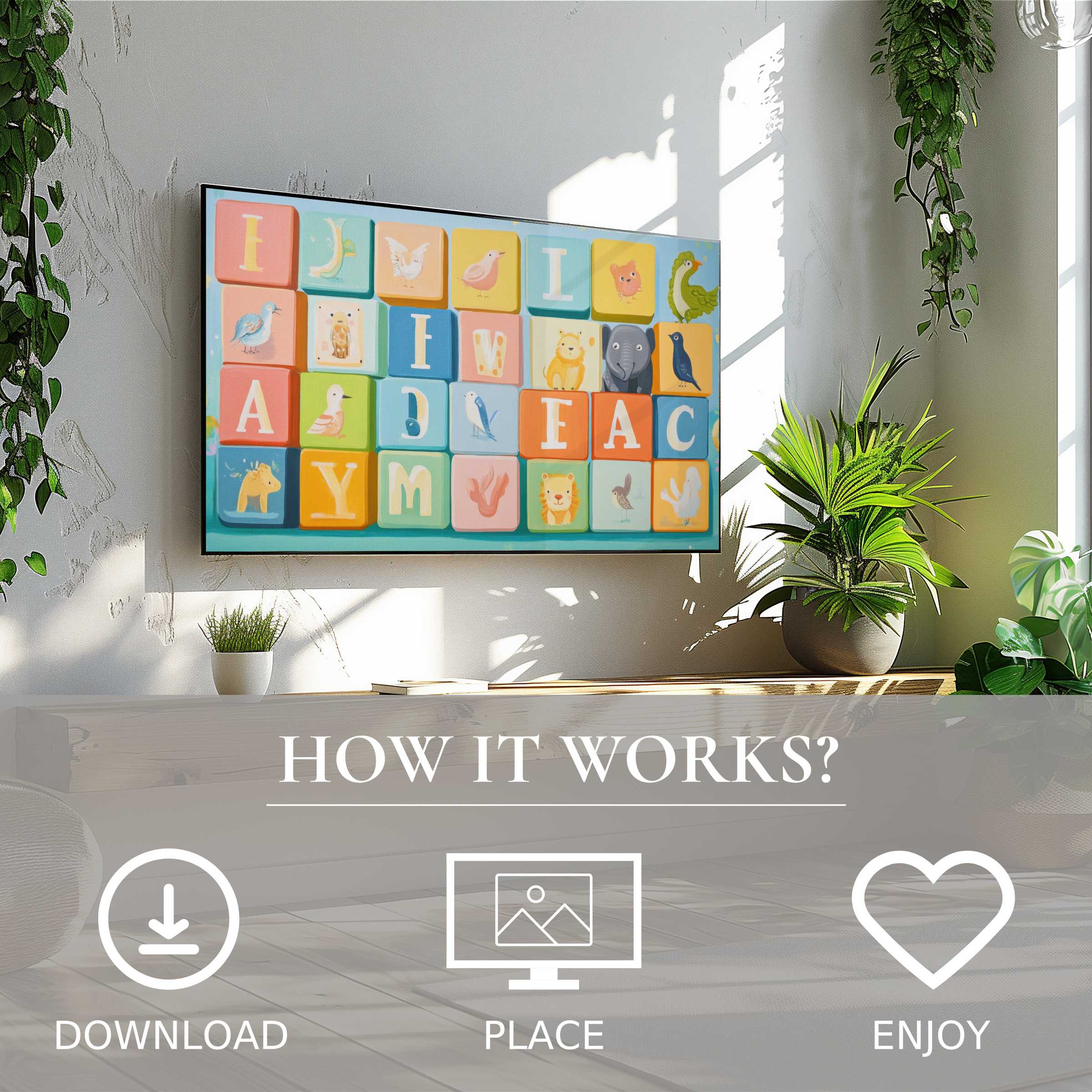 Nursery art for Samsung TV shows colorful animal blocks, easy digital download enriches bright, green-filled living space