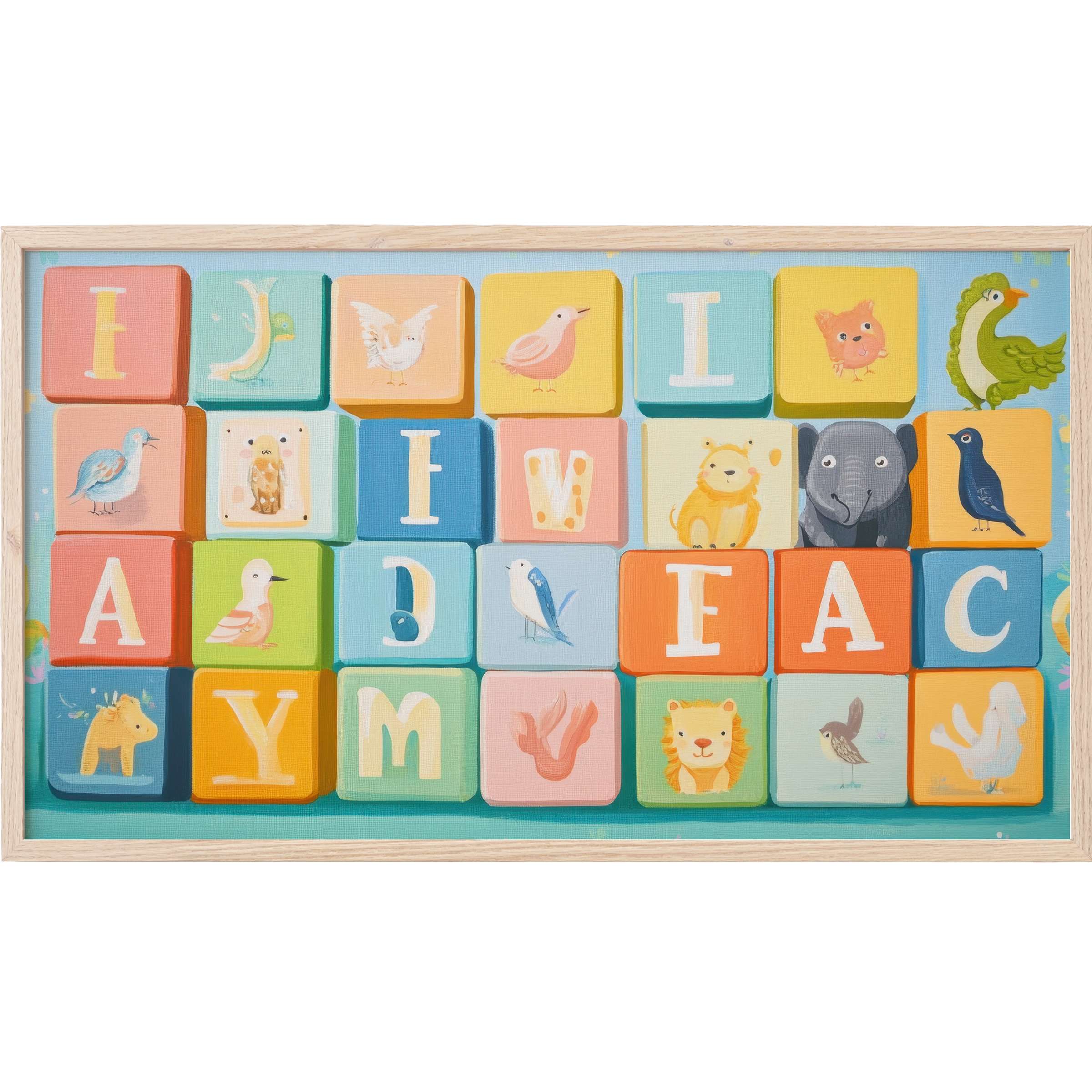 Whimsical nursery Frame TV Art featuring pastel alphabet blocks with charming animal illustrations in a soft, playful palette