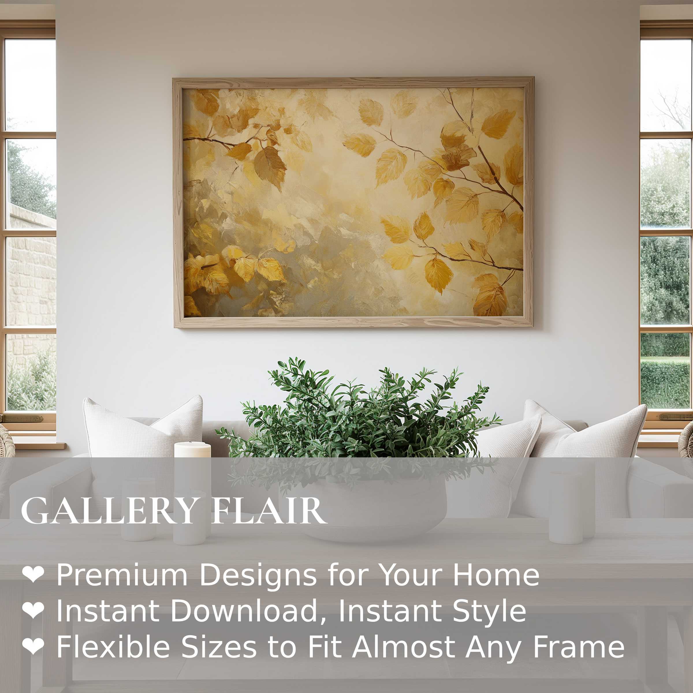 Fall wall art print featuring golden autumn leaves in soft, radiant tones, enhancing a serene, modern living room with natural warmth and timeless elegance