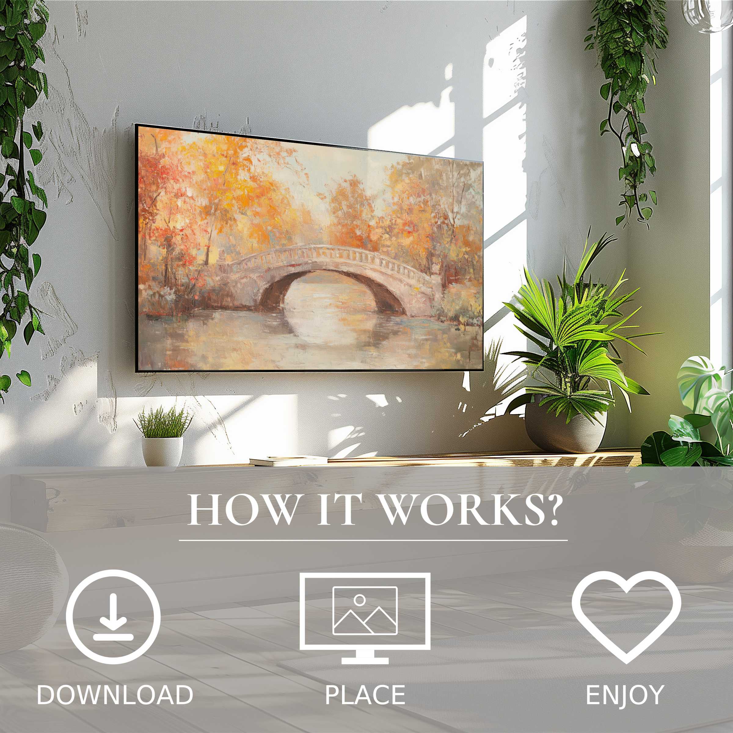 Vintage art for Samsung TV showing soft autumn tones and a stone bridge; easy digital download enriches any room