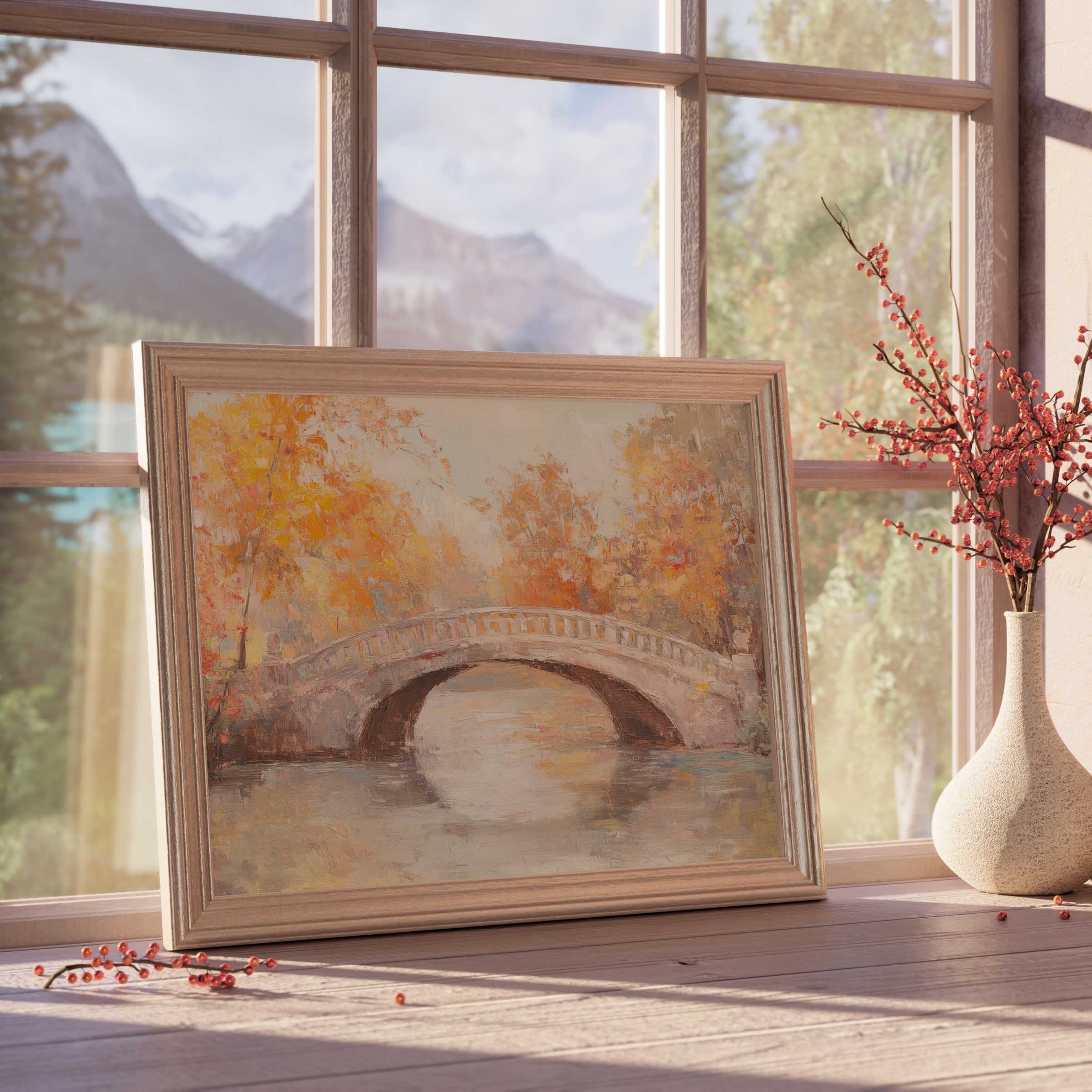 Vintage downloadable art capturing an autumnal stone bridge, enriching curated interiors with calm, timeless elegance and warm, rustic charm