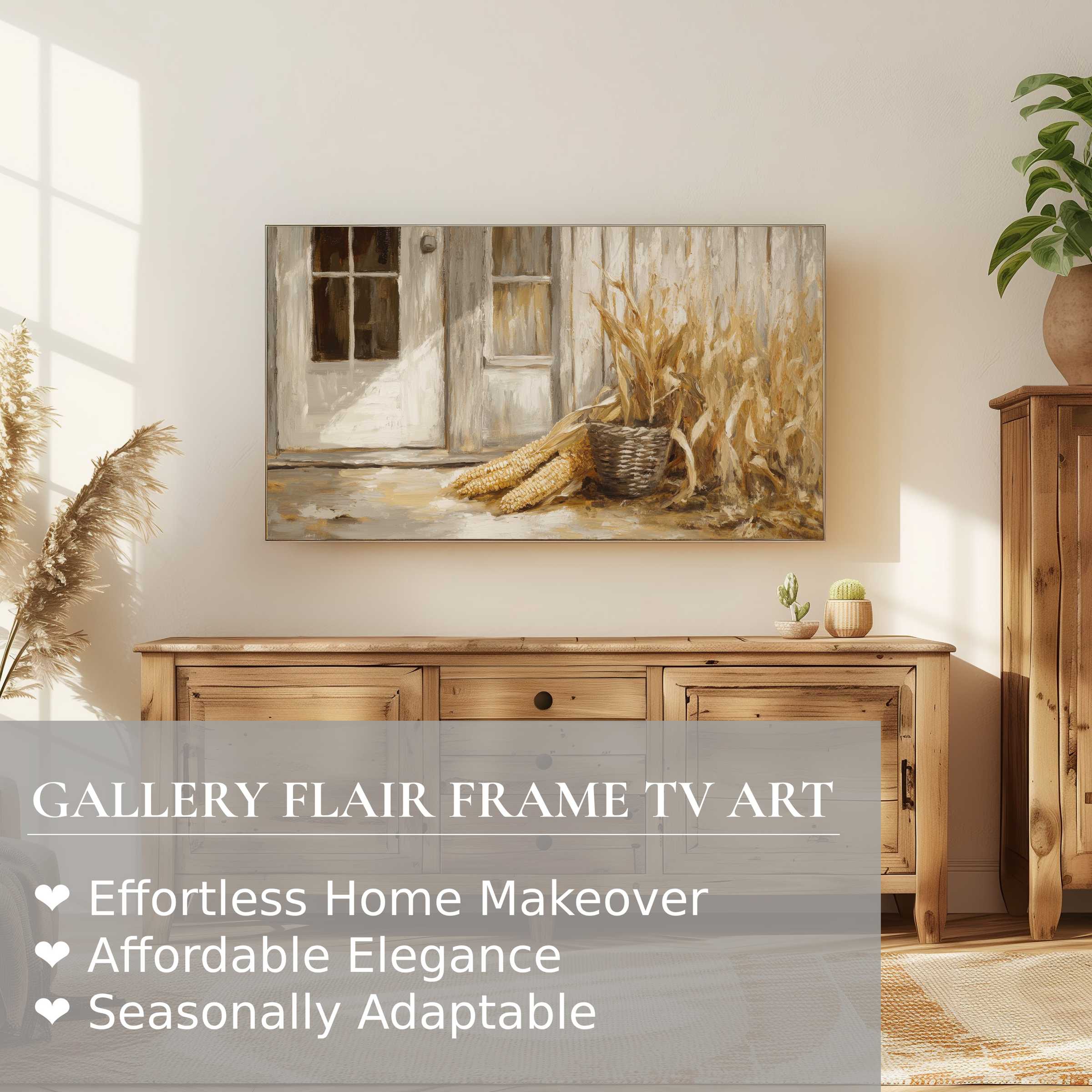 Elegant farmhouse digital artwork on Samsung Frame TV, blending rustic charm with modern home decor style