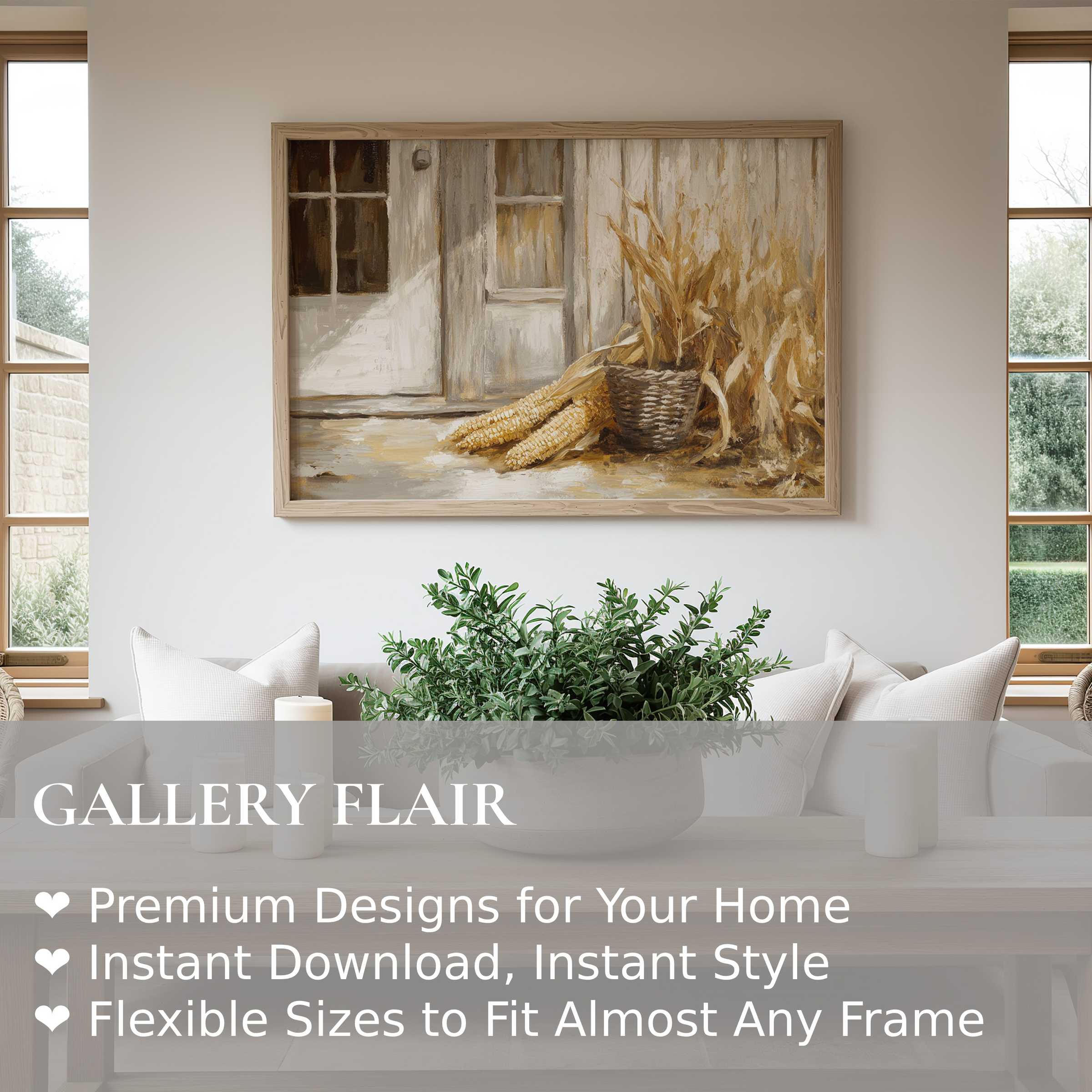Farmhouse wall art print featuring rustic corn and dried grasses in warm earth tones, enriching a serene modern farmhouse interior with natural charm