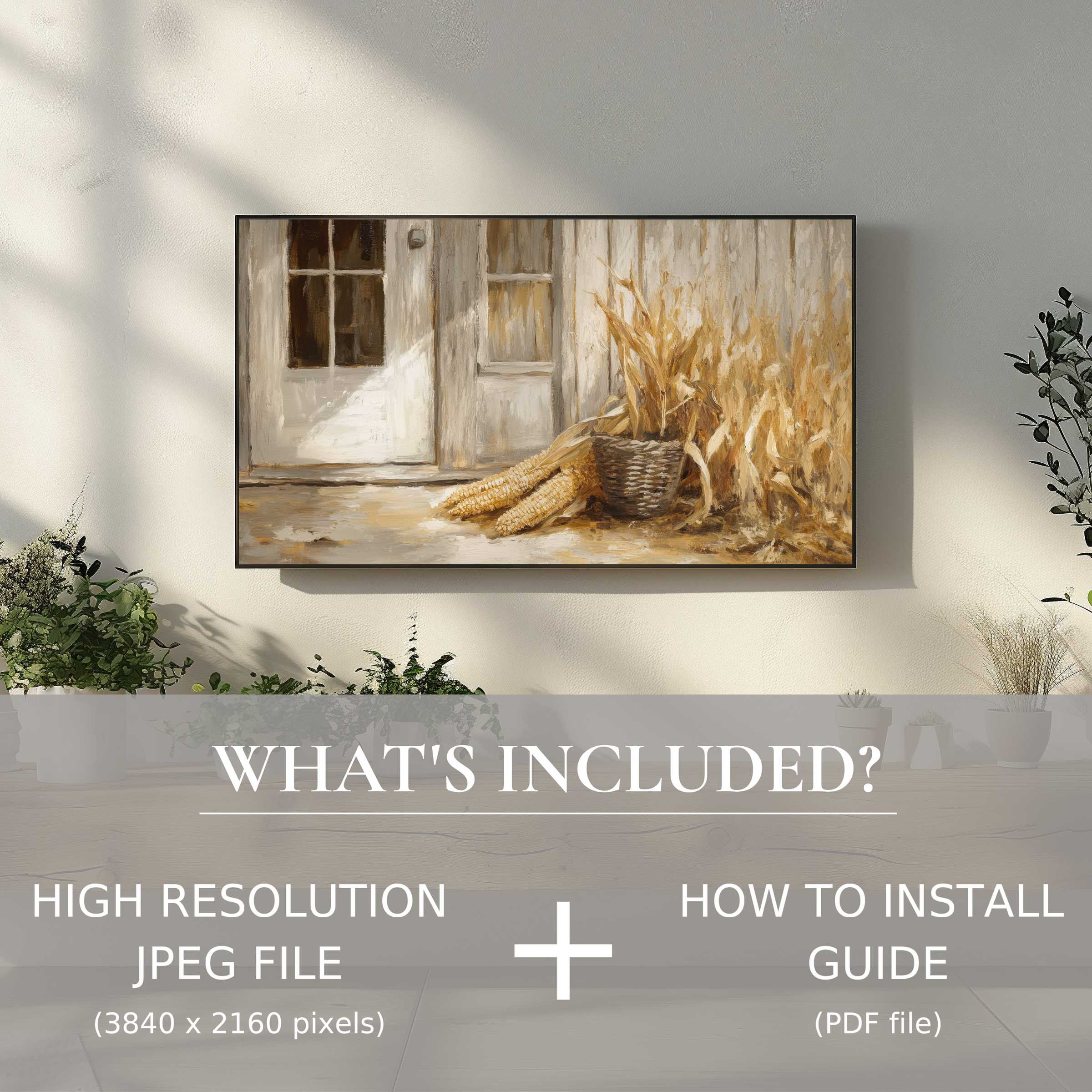 Elegant farmhouse digital TV art download enhances living spaces with easy digital use, showcasing rustic charm and warm tones