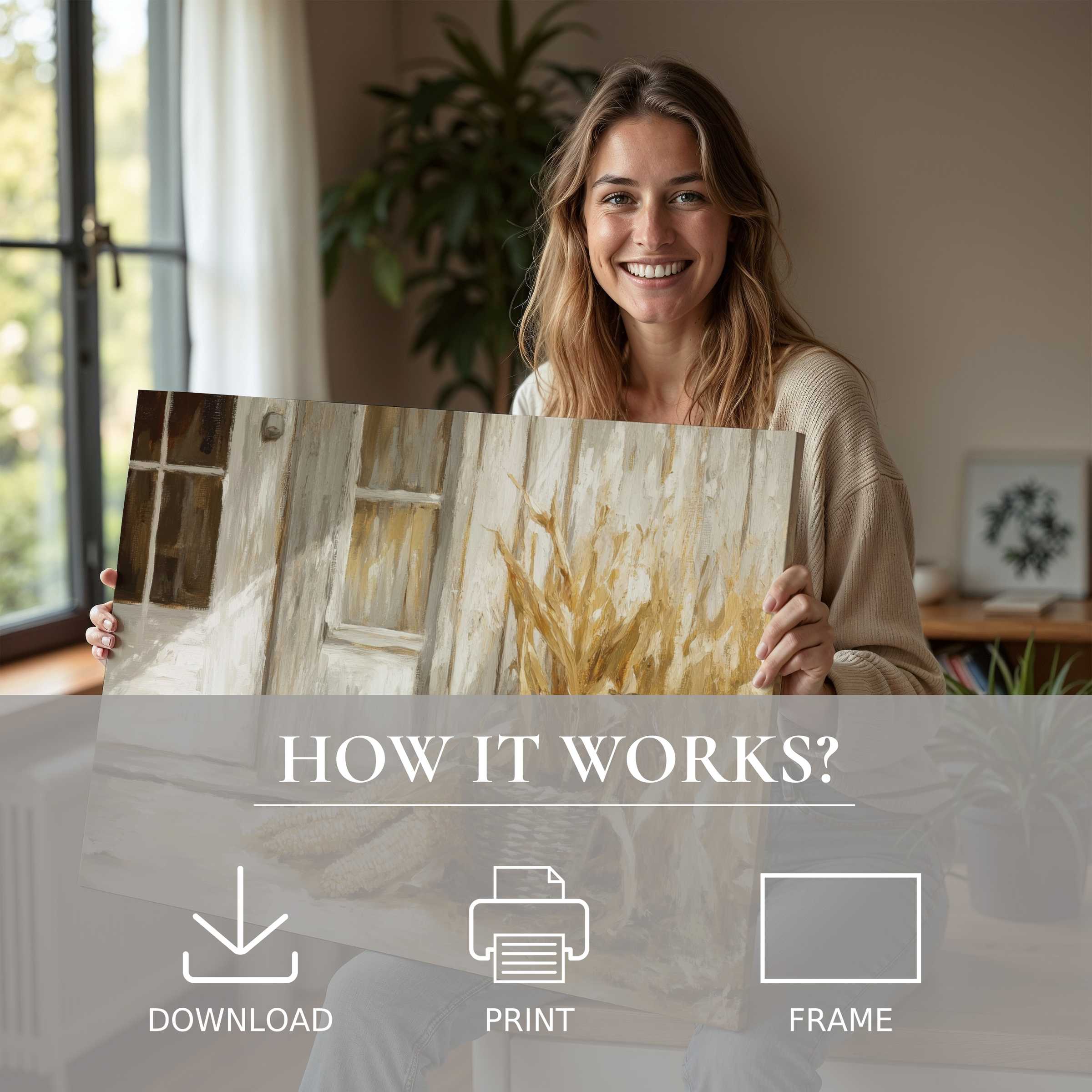 Joyful woman in a stylish home, radiating warmth with a farmhouse digital art print in soft, earthy tones