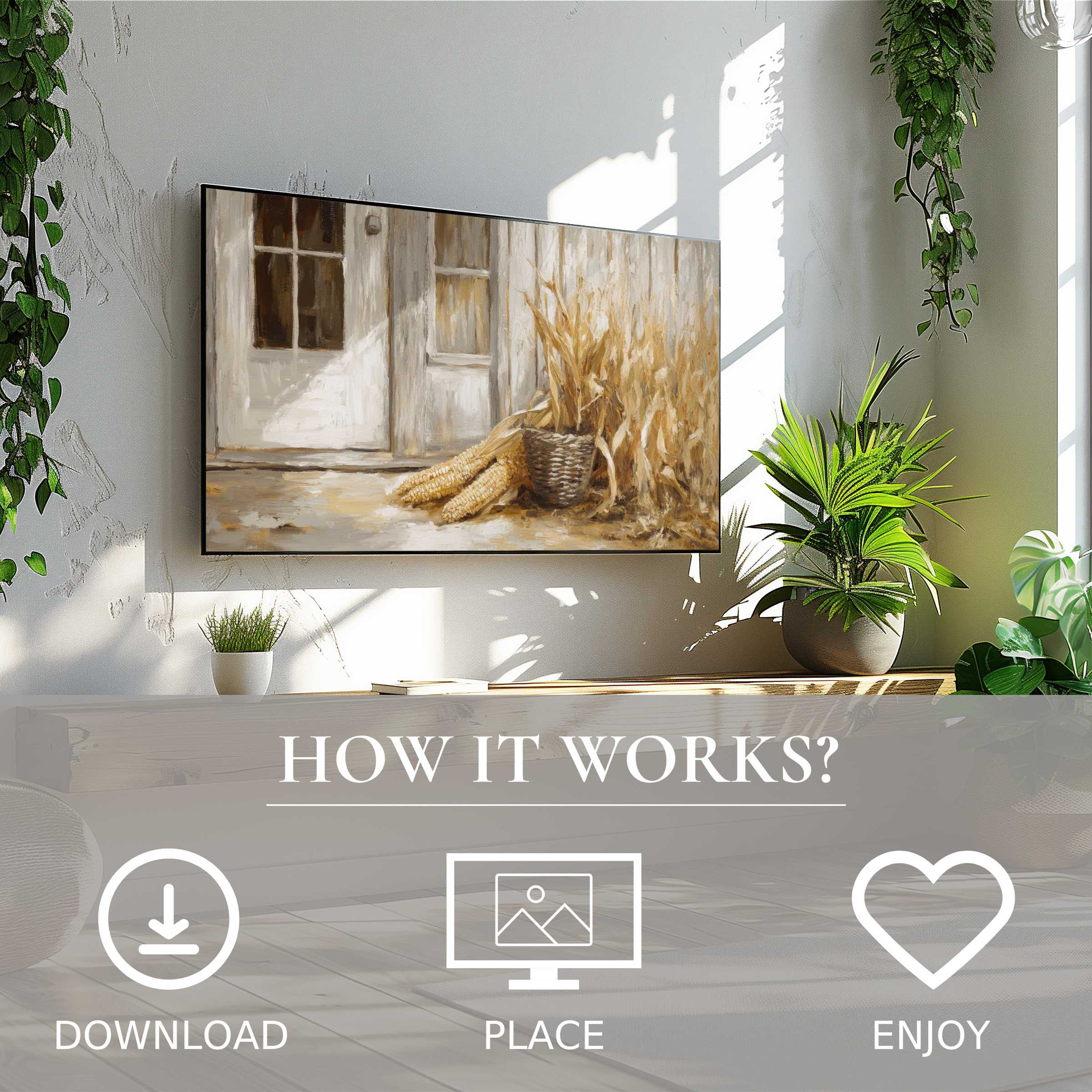Farmhouse art for Samsung TV in a bright room, digital download with warm soft beige tones enriches living space