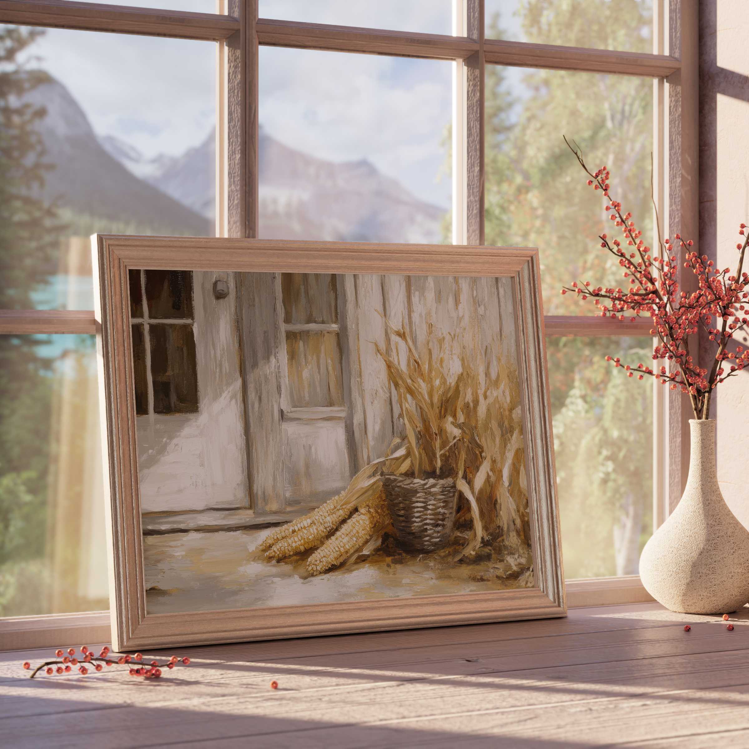 Farmhouse downloadable art evoking serene rustic charm with warm corn harvest tones, enriching tranquil, curated interiors