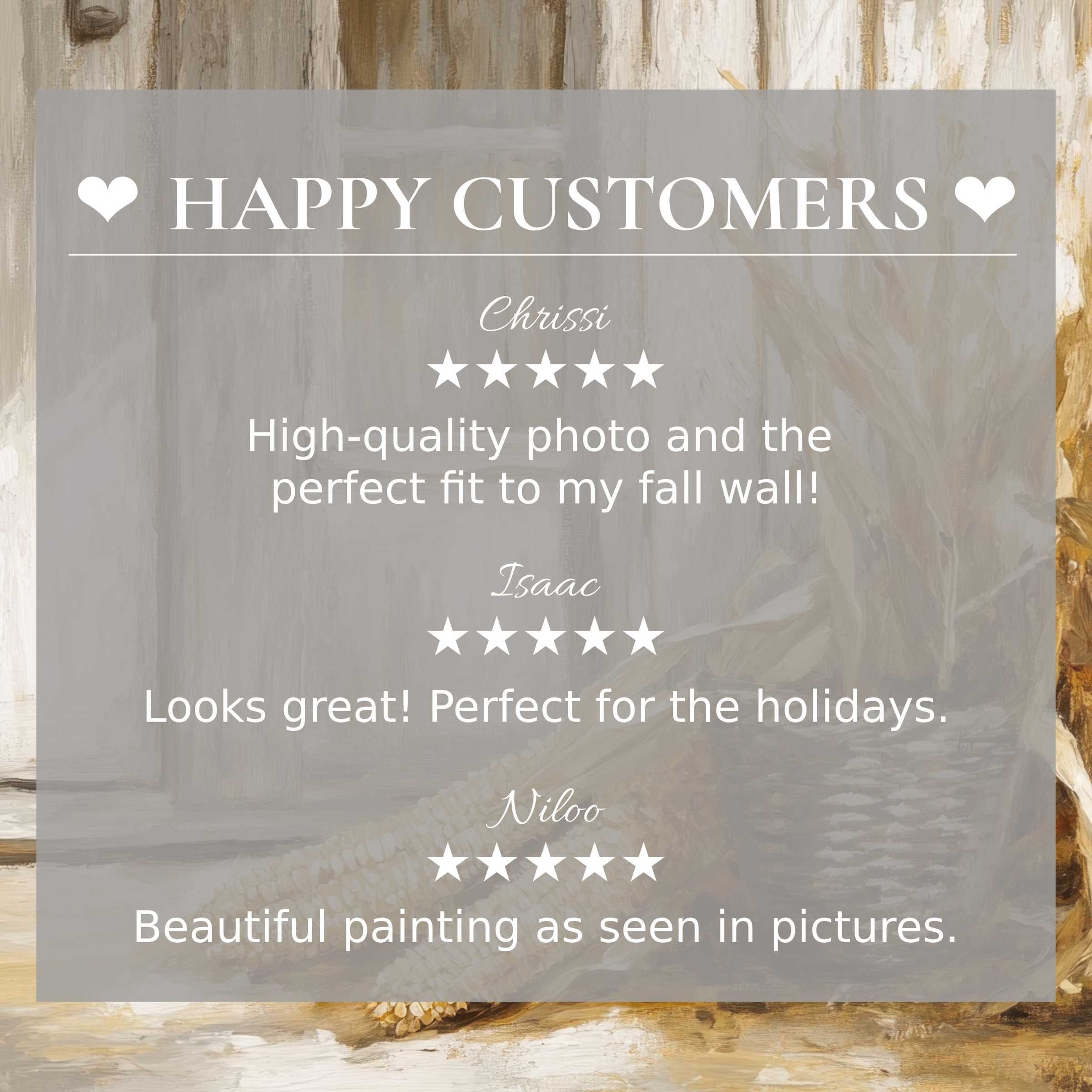 Farmhouse art for Frame TV with muted rustic background, highlighting happy customer reviews and elegant trust-building design
