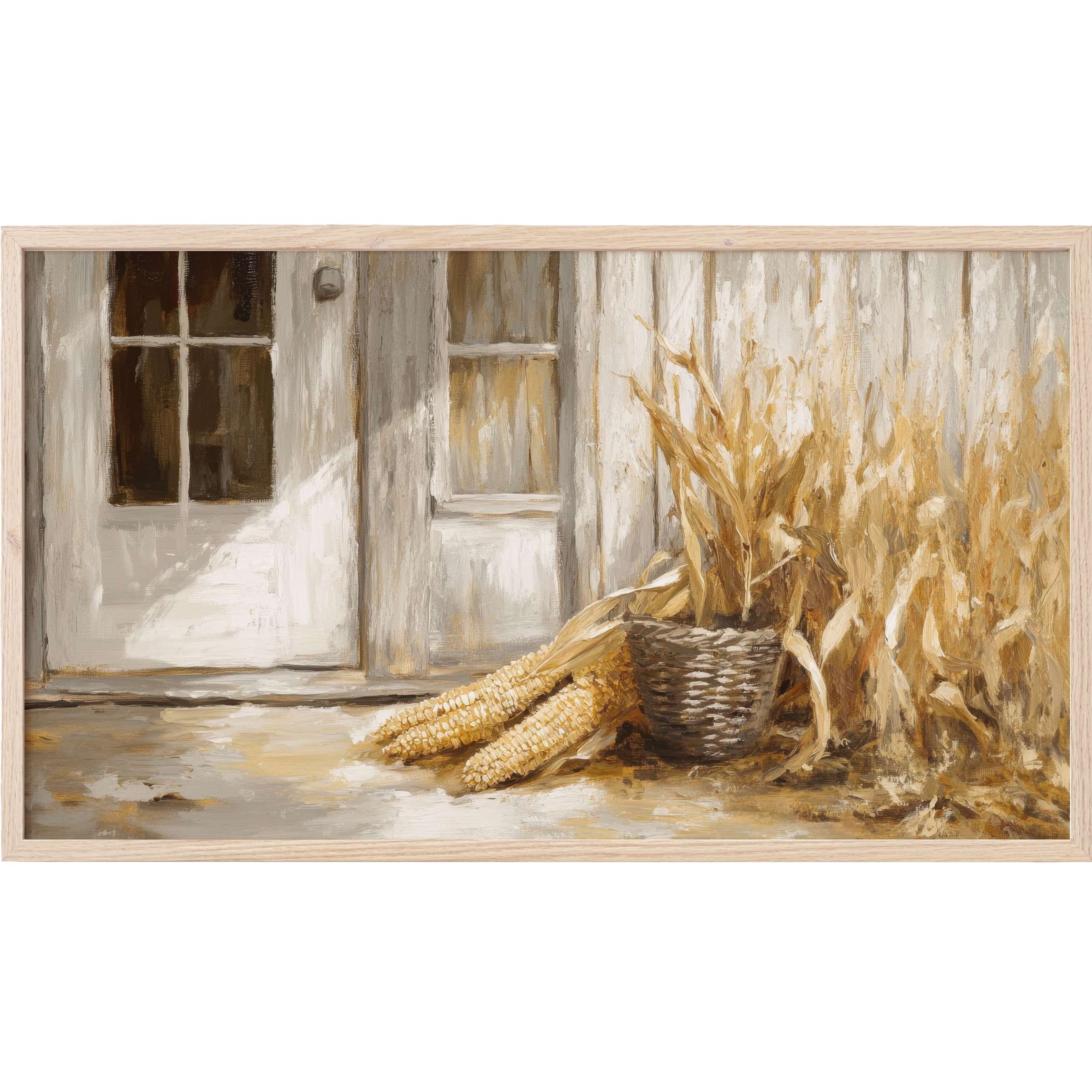 Farmhouse Frame TV Art of rustic white door with basket and dried corn in warm beige and brown tones