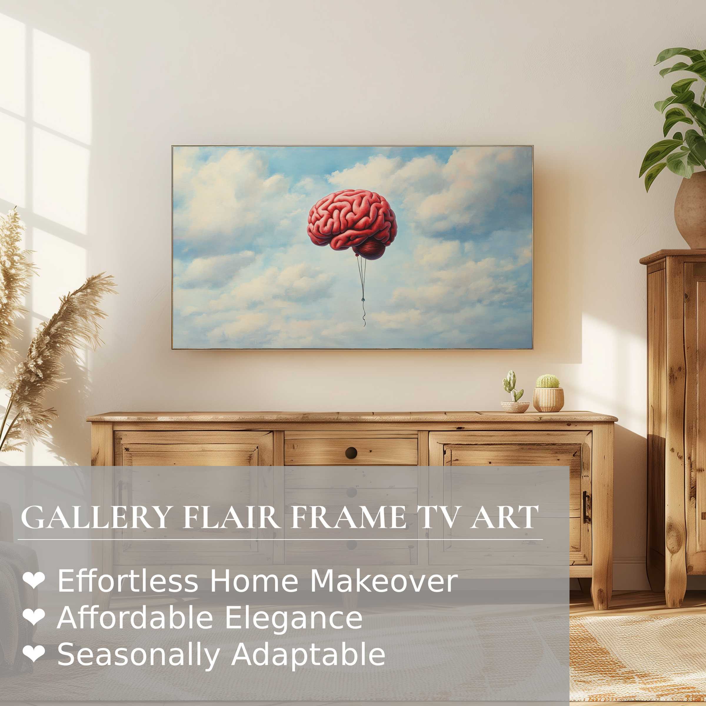 Modern Samsung Frame TV in warm interior, showcasing a surreal street art digital artwork of brain balloon