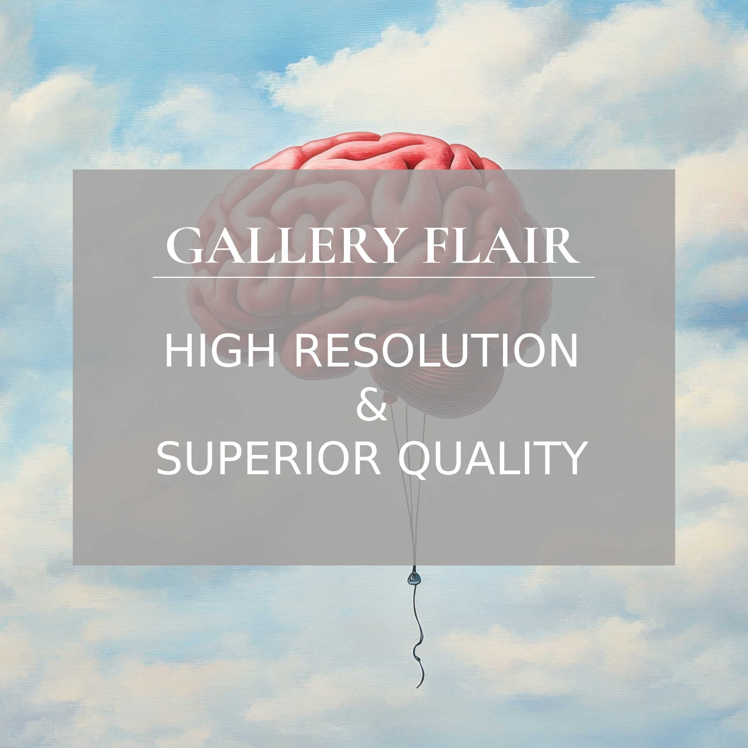 Surreal street art printable art featuring a floating brain balloon against radiant skies, elevating modern interiors with bold, refined detail