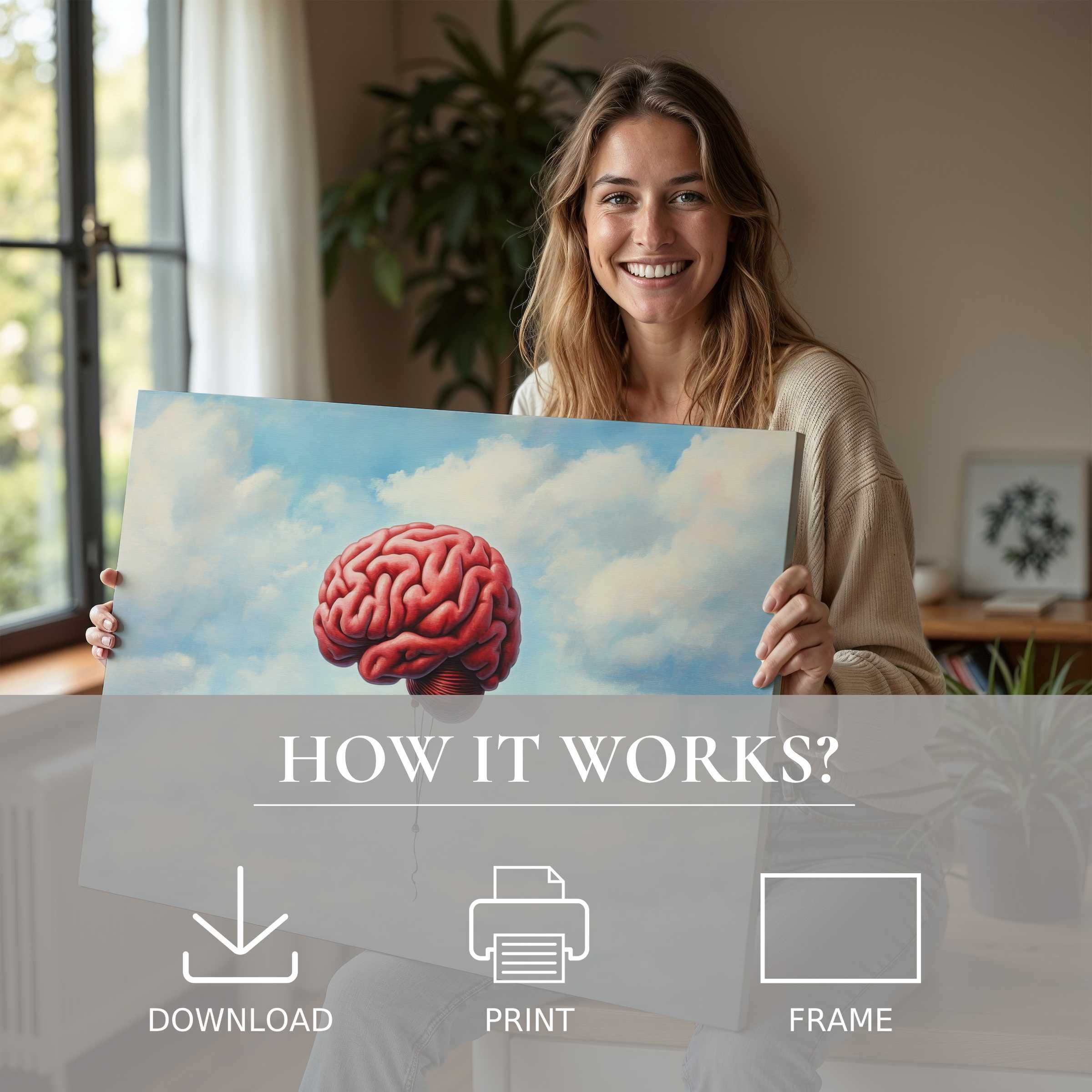 Bright street art digital art print of a surreal brain balloon inspires joy and connection in a stylish modern home