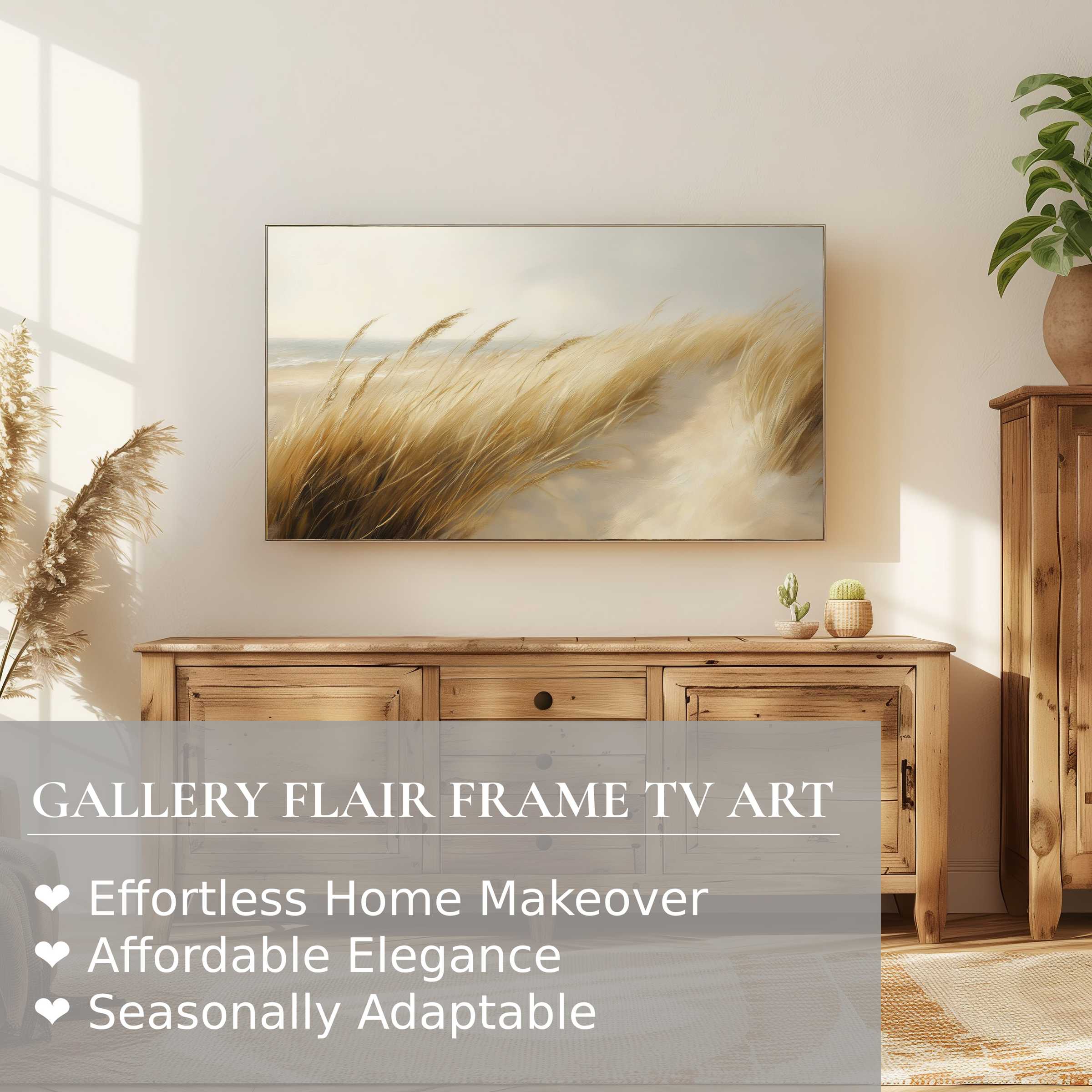 Samsung Frame TV displaying serene beach digital artwork, elegant natural hues complementing refined home decor