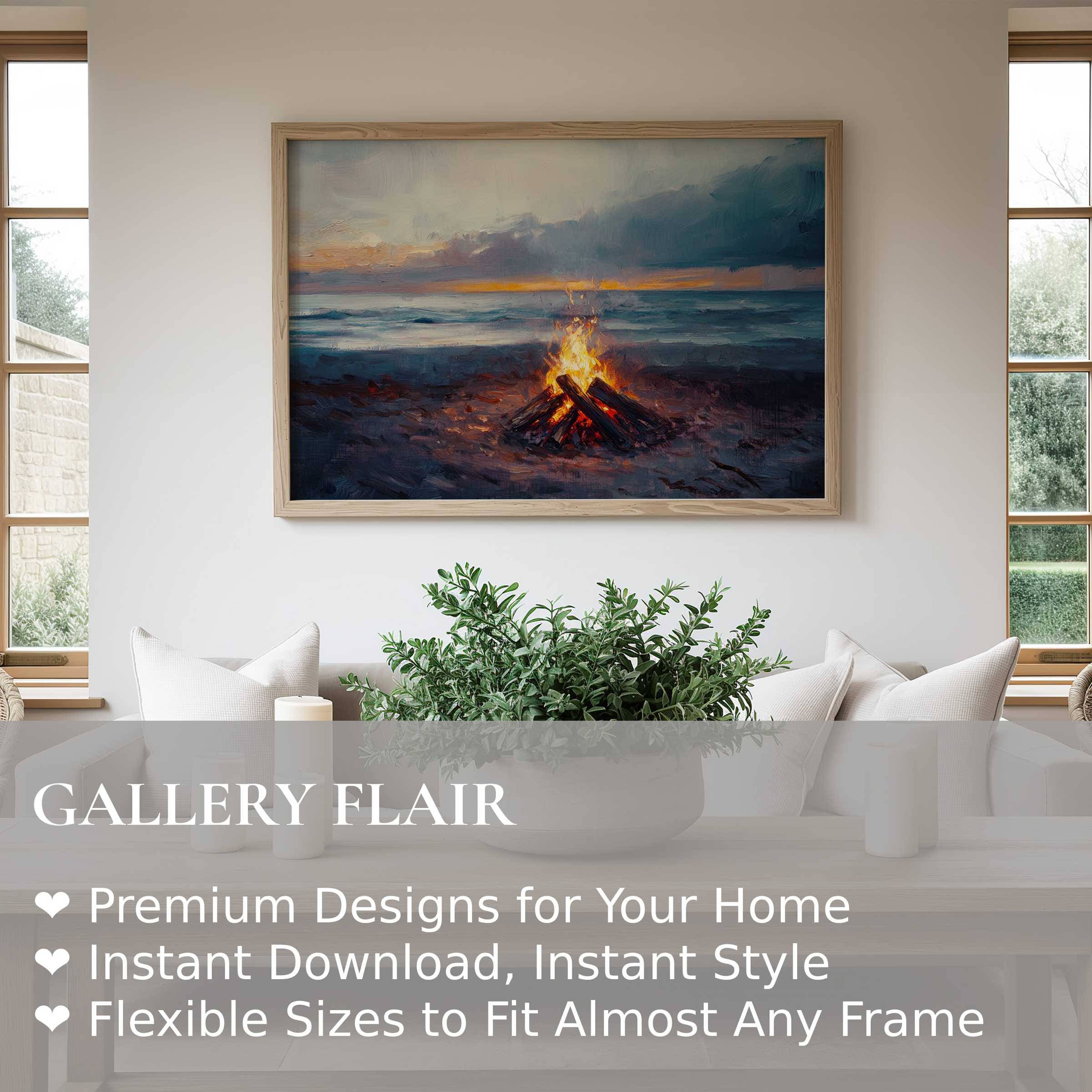 Coastal wall art print depicting a radiant beach bonfire at dusk, adding warm, calming ambiance to a modern coastal living space