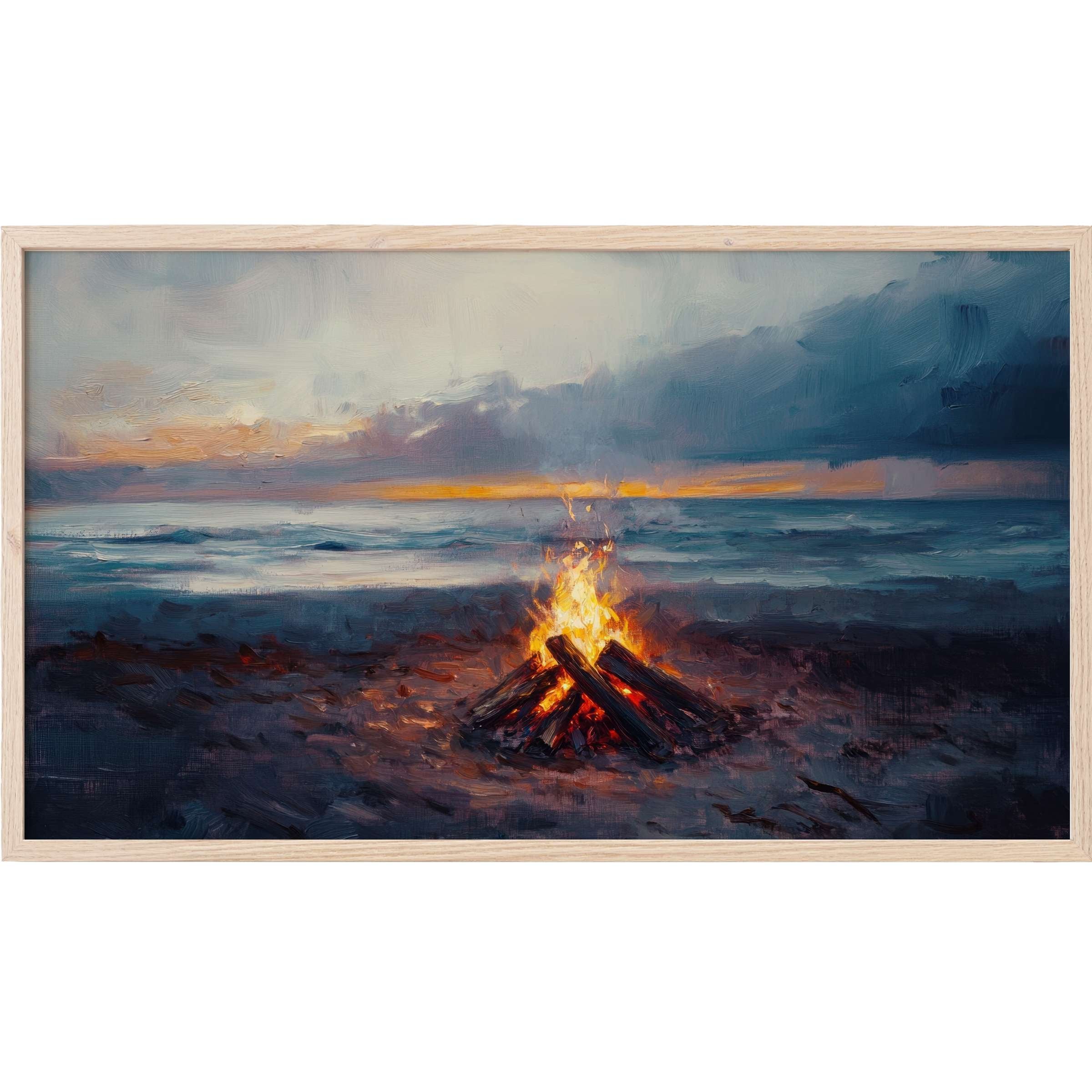Coastal Frame TV Art with moody blues and warm oranges, featuring a glowing bonfire on a serene beach at dusk