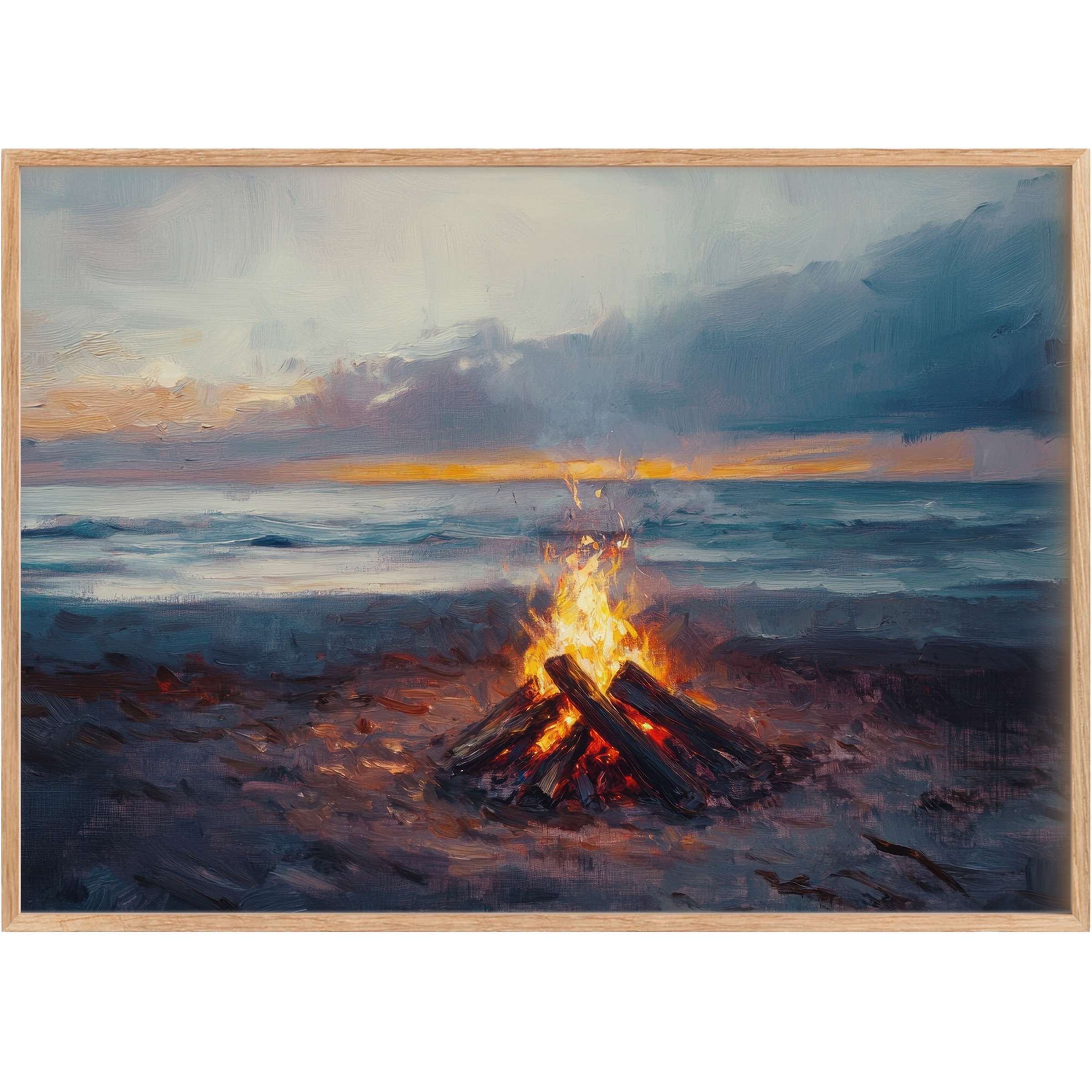 Coastal printable wall art capturing a radiant beach bonfire at dusk, blending warm flames with serene twilight blues