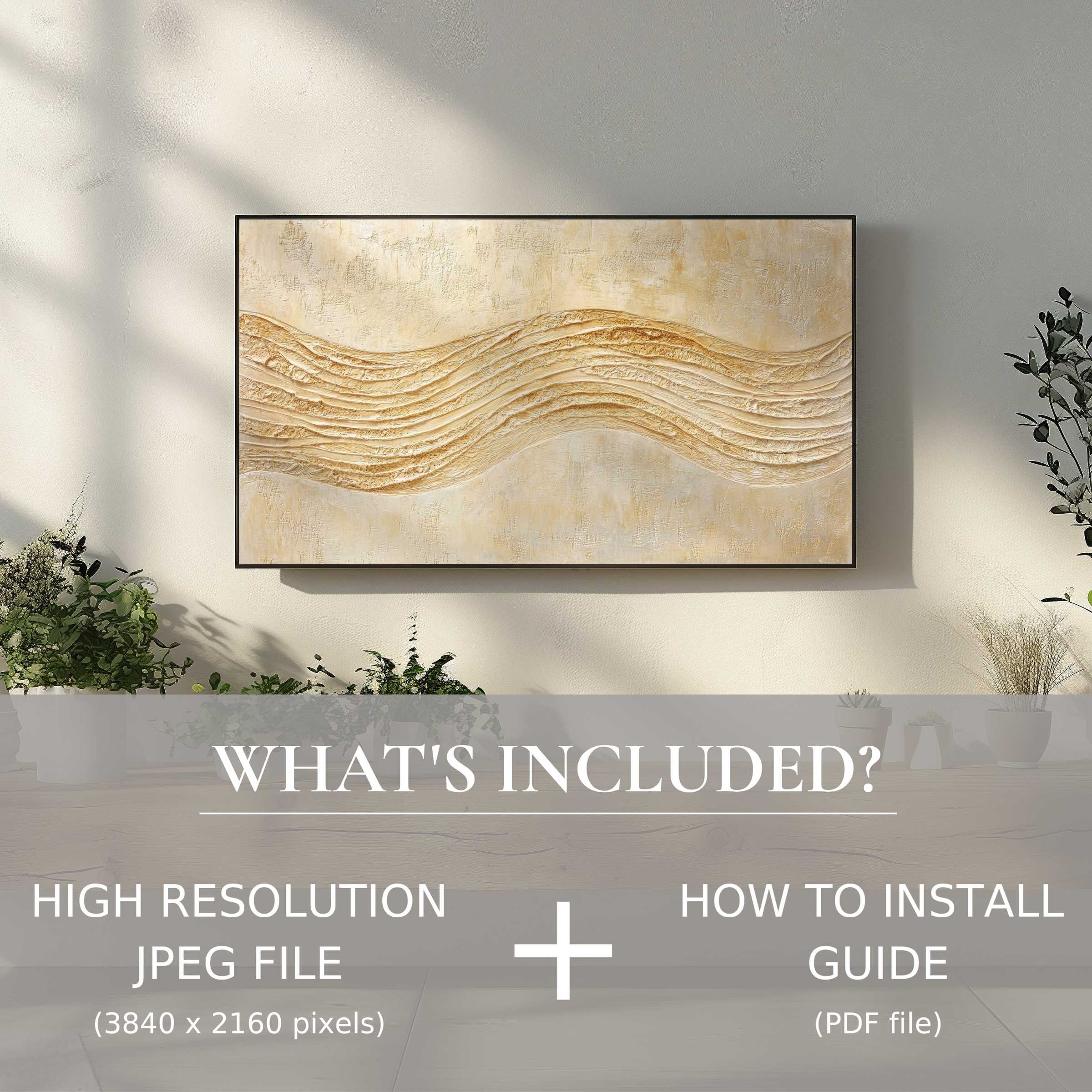 Elegant boho digital TV art download in modern living space, easy digital use enhances decor with serene textured waves