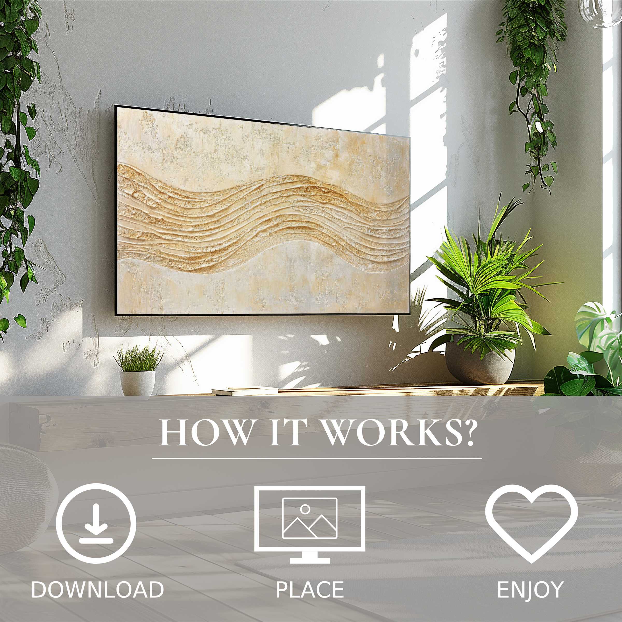 Boho art for Samsung TV shows soft beige waves; easy digital download enriches minimalist, plant-filled living spaces
