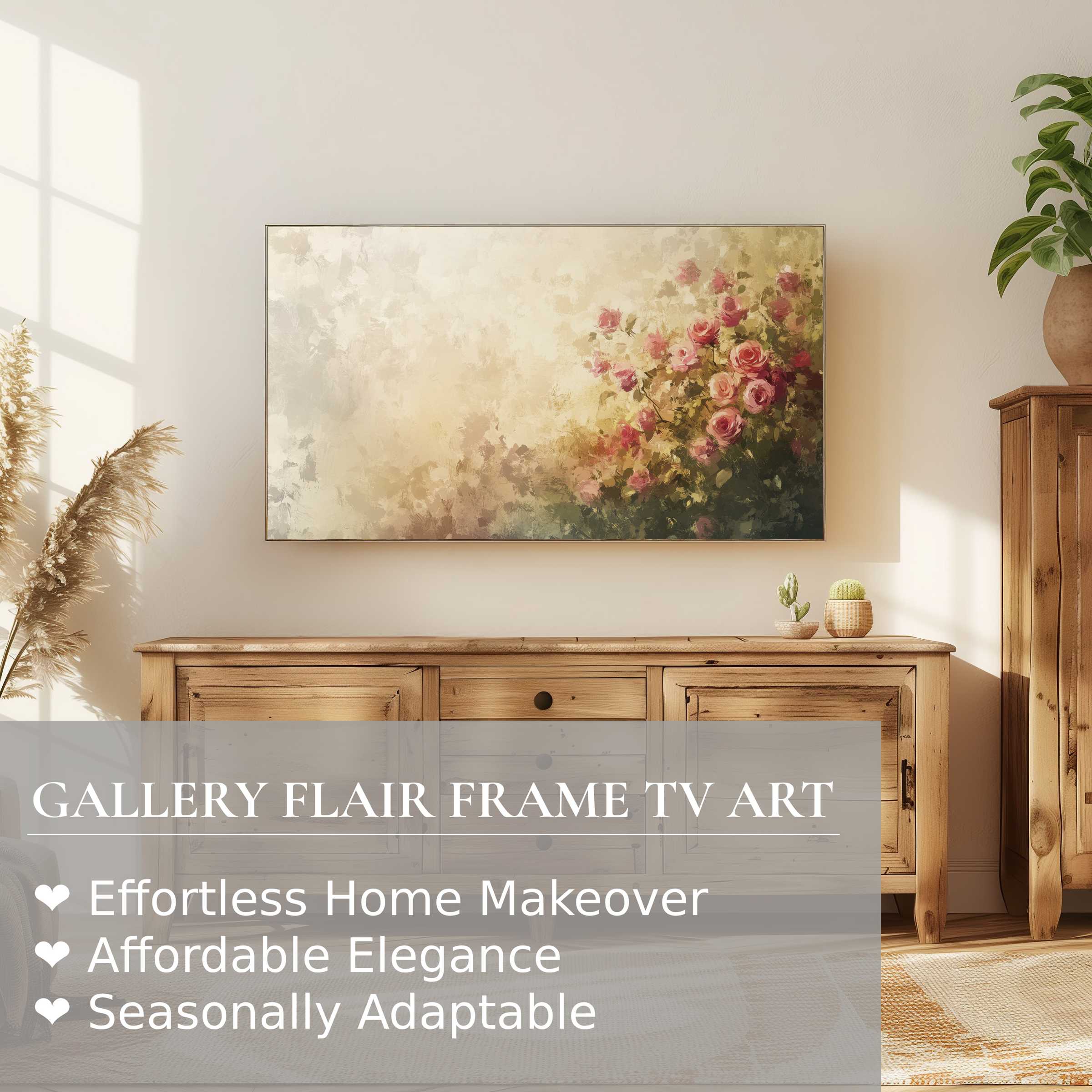 Elegant summer digital artwork of blooming roses on Samsung Frame TV in a warm, refined home decor setting