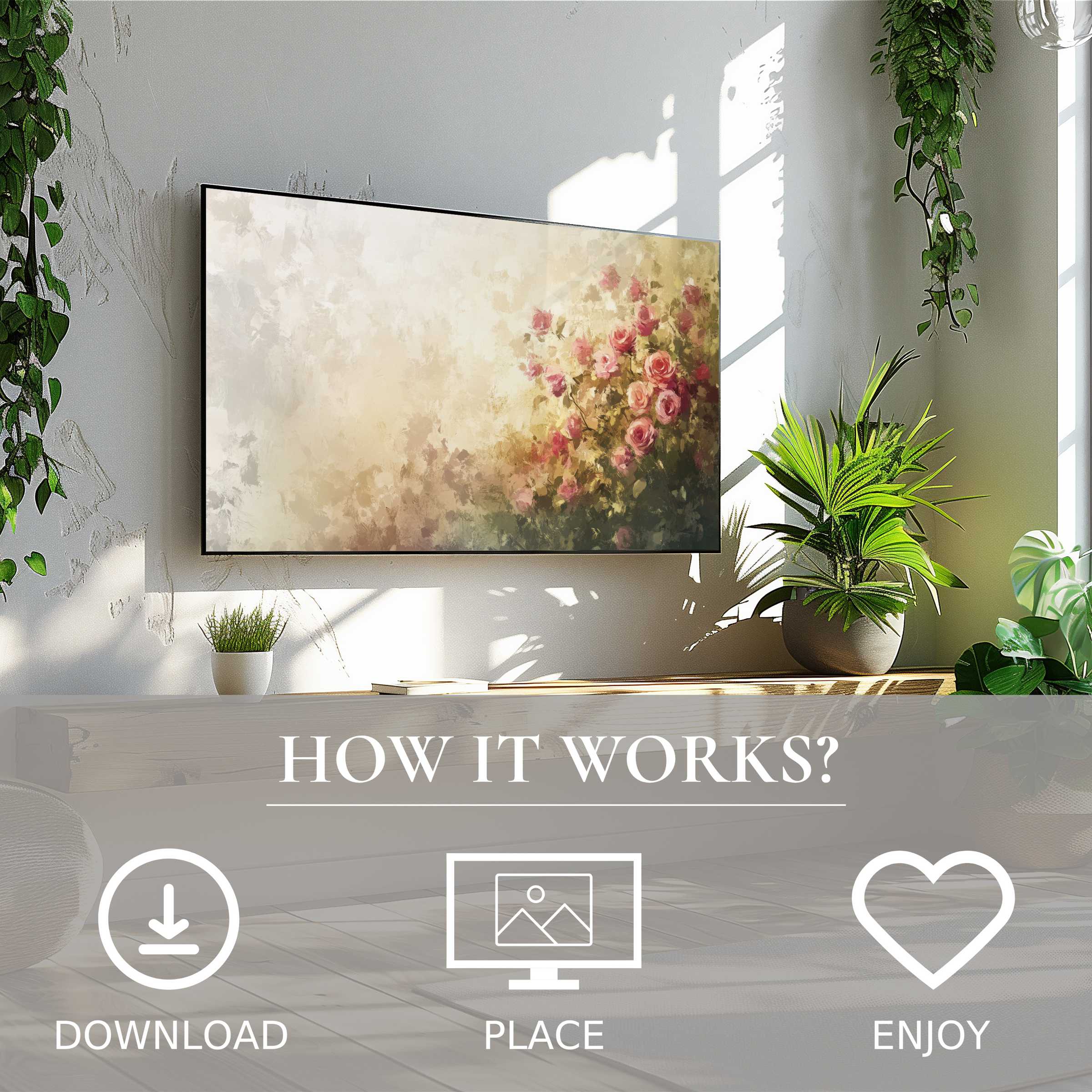 Summer art for Samsung TV showing soft floral tones on The Frame TV, simple digital download enriches bright living spaces