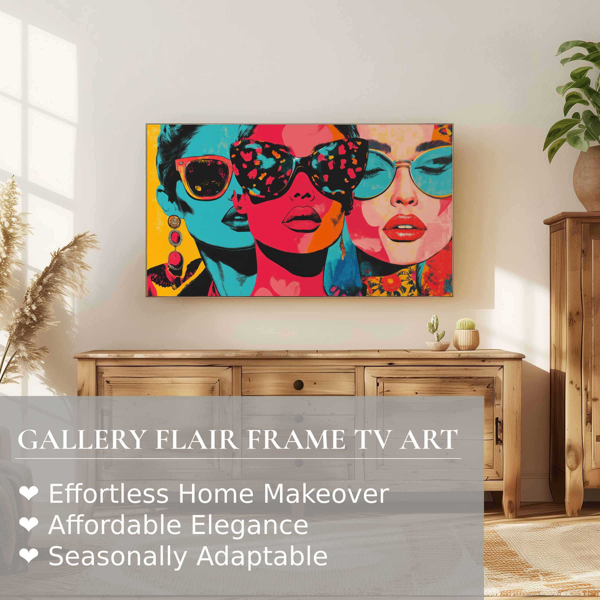 Samsung Frame TV displaying vibrant pop art digital artwork, elevating modern, elegant living spaces with bold style