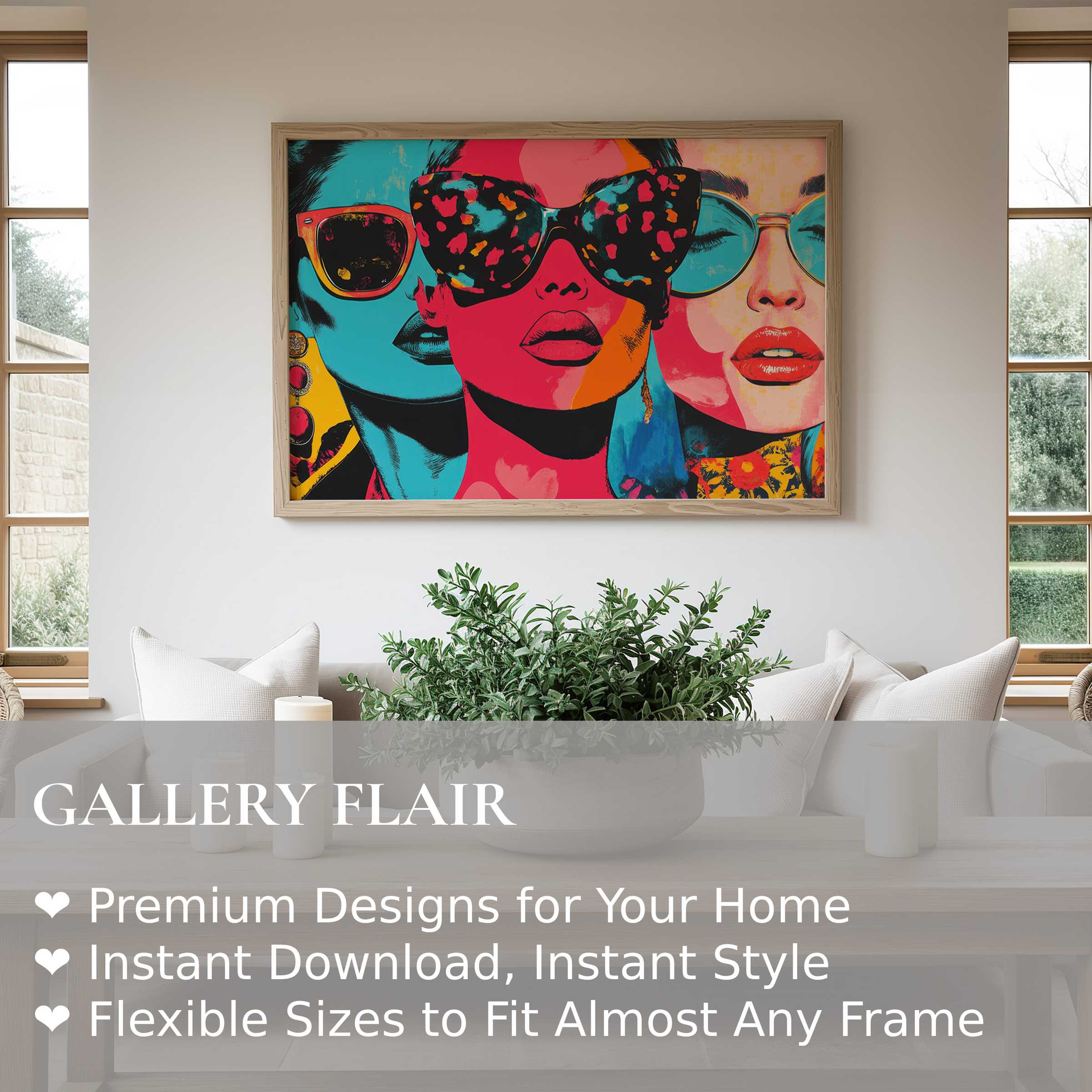 Bold pop art wall art print featuring vibrant, stylized portraits with oversized sunglasses, enhancing a chic modern living room with dynamic, colorful energy and contemporary glamour