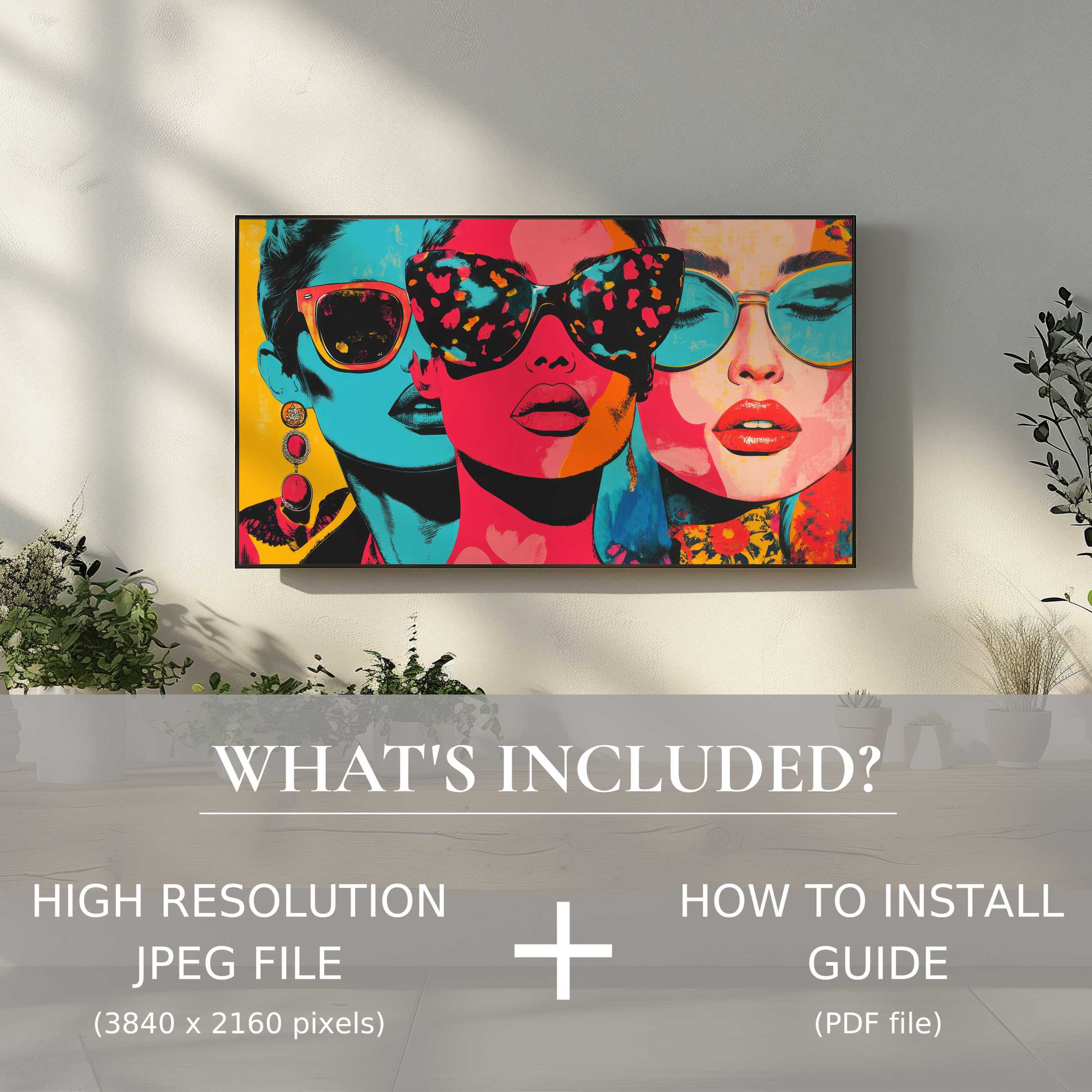 Elegant pop art digital TV art download enhances modern living, easy digital use for stylish, vibrant home decor