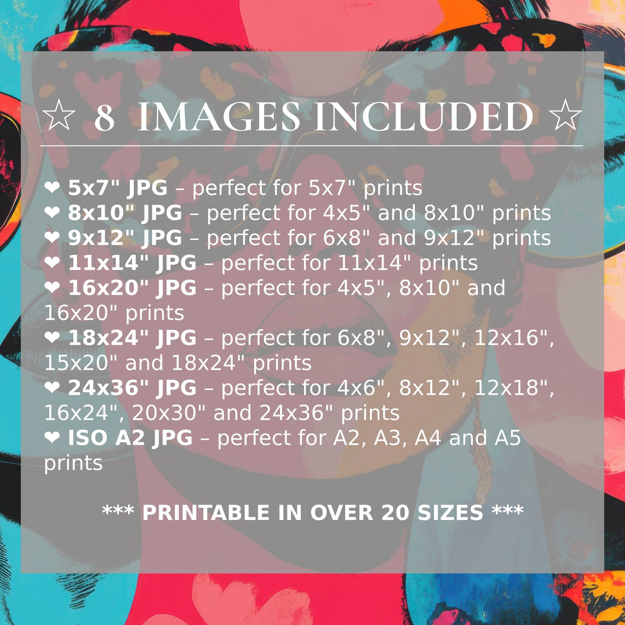 Radiant pop art digital print in vivid reds, blues, and oranges, elevating modern interiors with style; includes 8 high-quality sizes