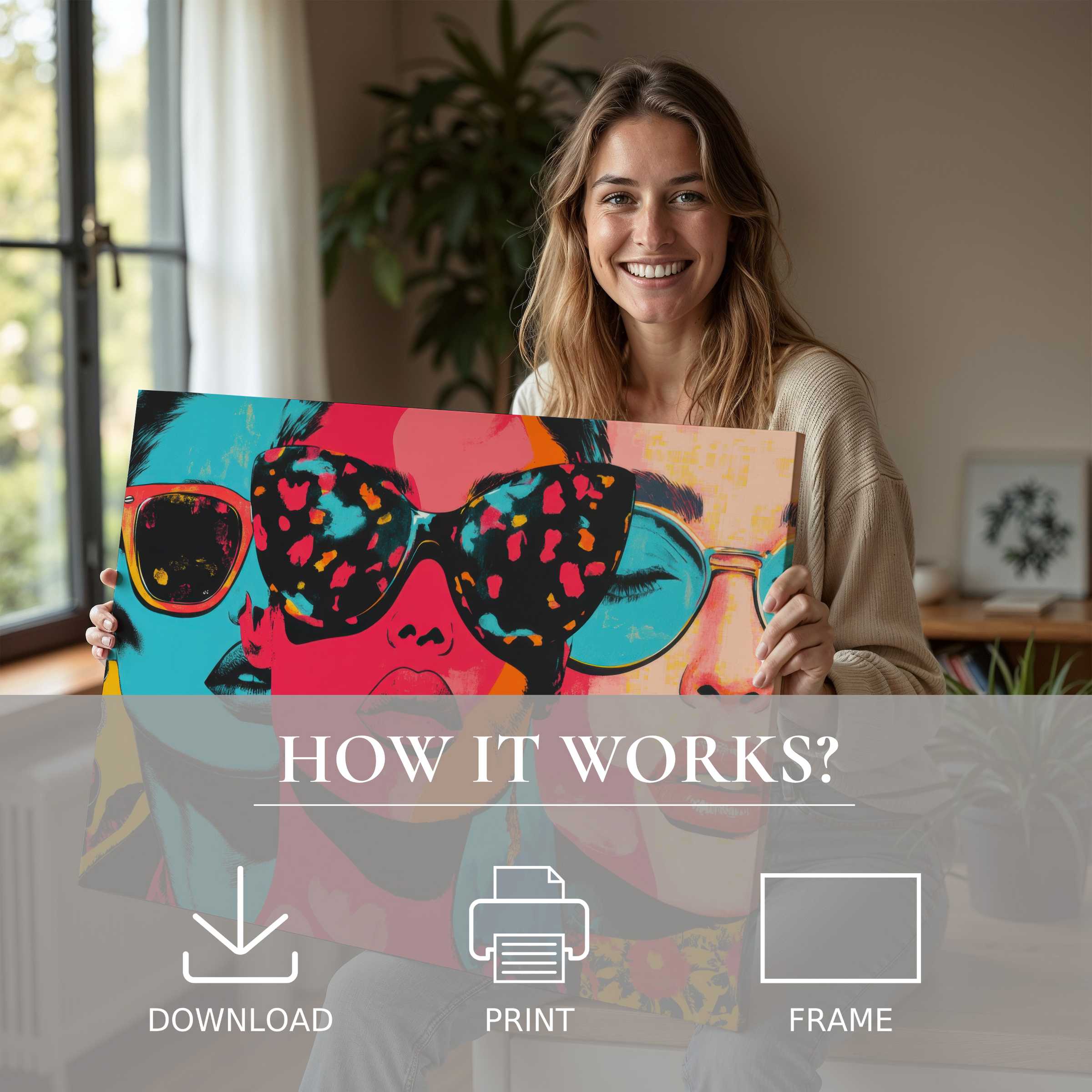 A joyful moment of connection in a modern home, showcasing a vibrant pop art digital art print that transforms space with ease