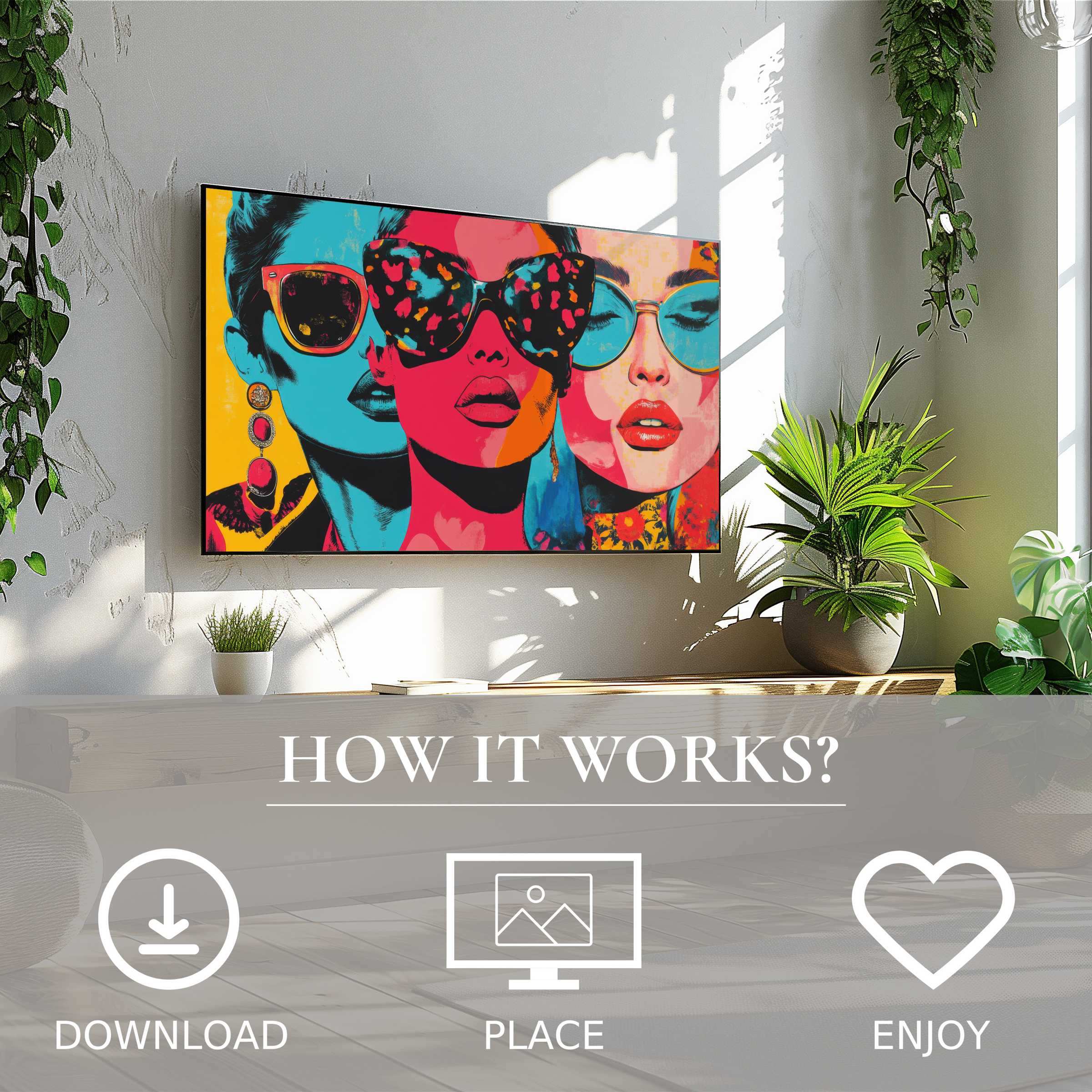 Pop art art for Samsung TV shows vibrant faces motif; easy digital download enriches modern living spaces with bold color