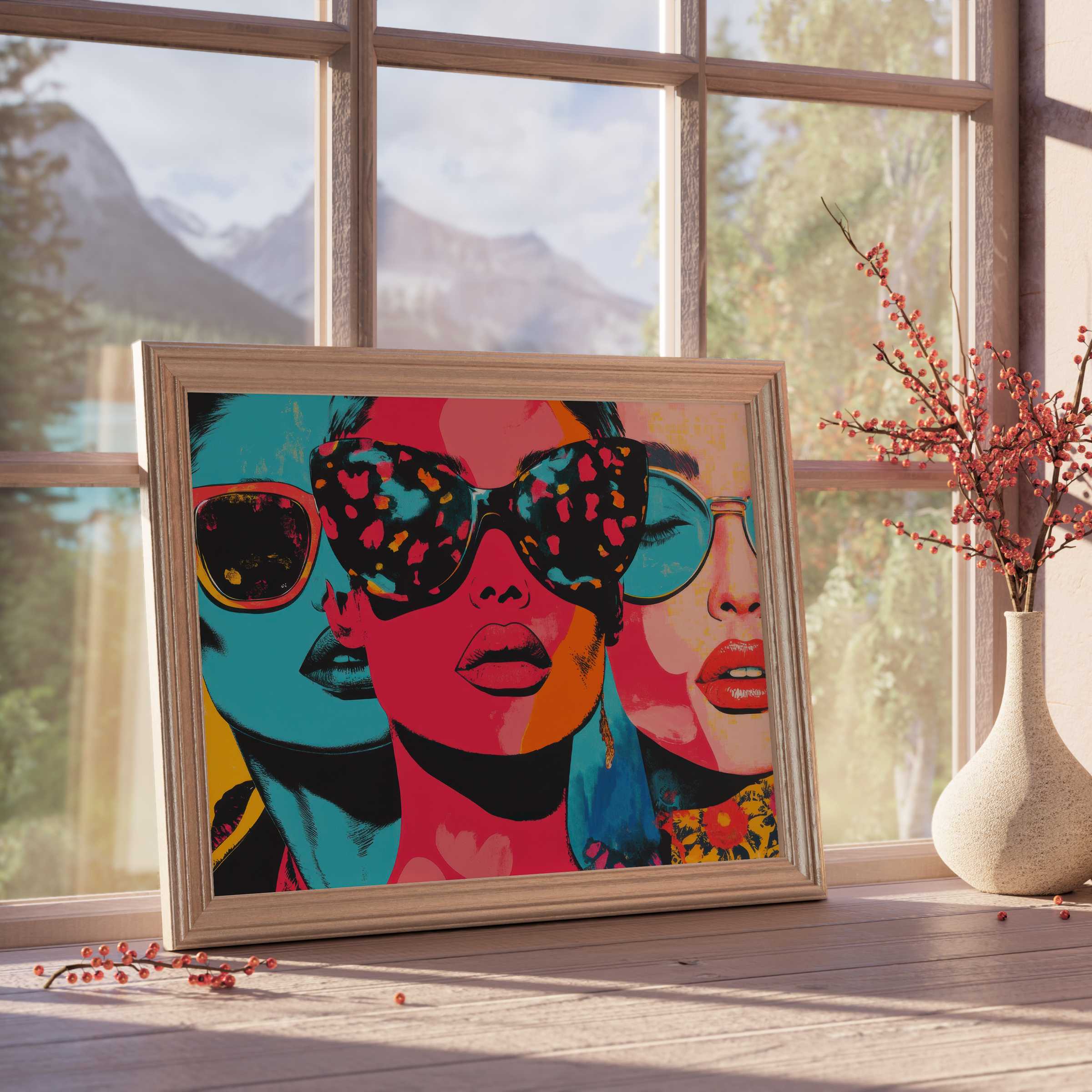 Vibrant pop art downloadable art featuring bold, chic portraits in saturated hues, elevating curated modern interiors with eye-catching allure