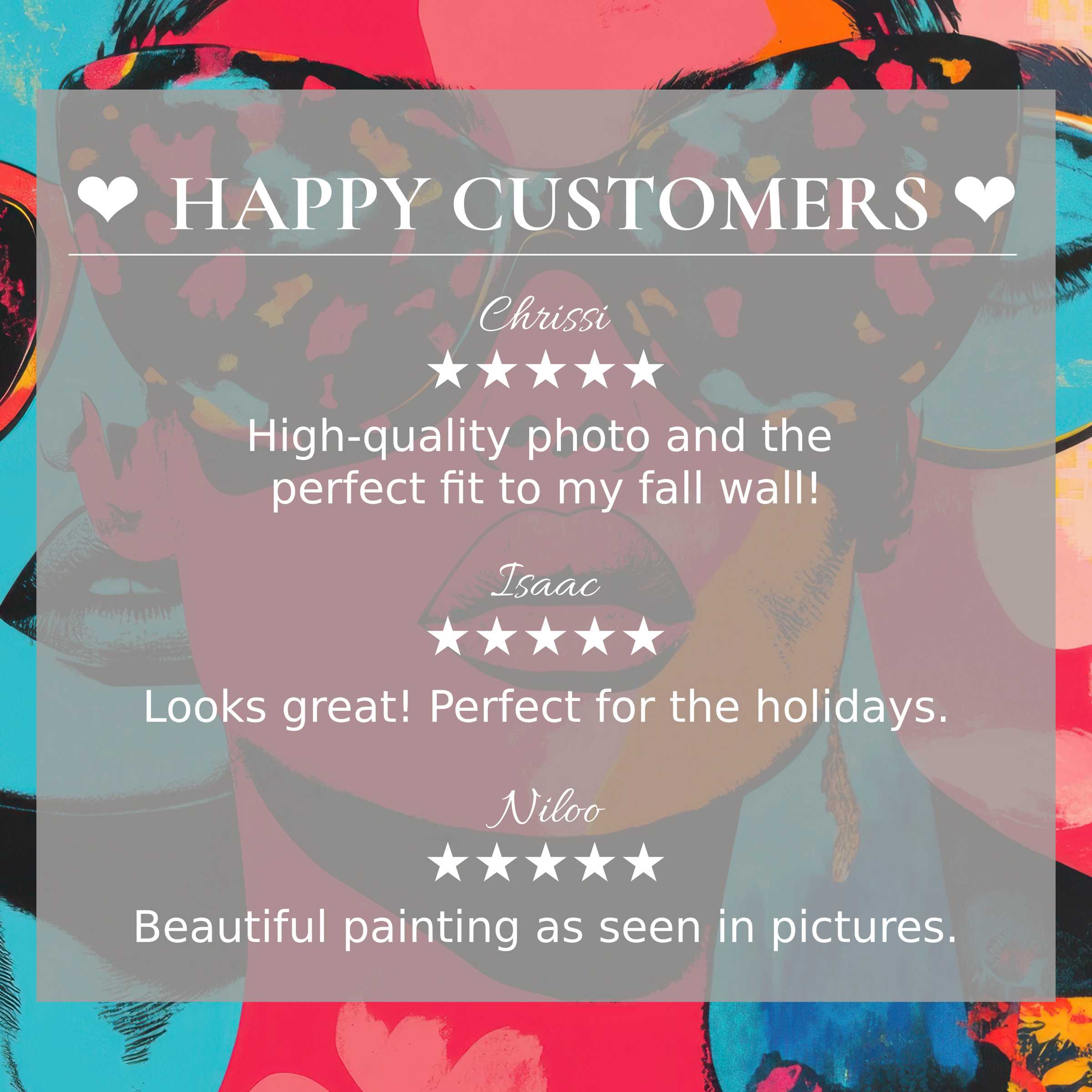 Pop art for Frame TV with abstract sunset colors; layout shows happy customer reviews, inspiring trust and refined elegance