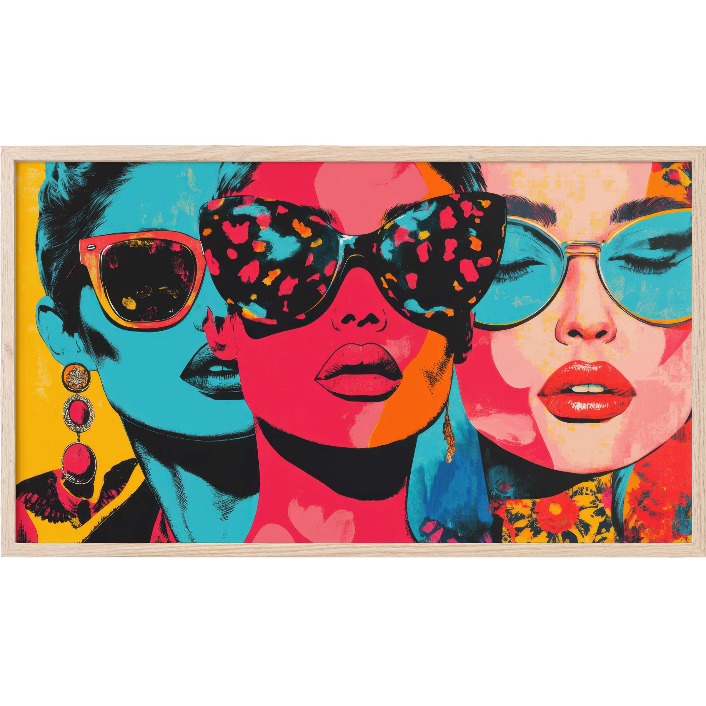 Vibrant portrait trio in bold cyan, magenta, and yellow hues with chic sunglasses, pop art Frame TV Art