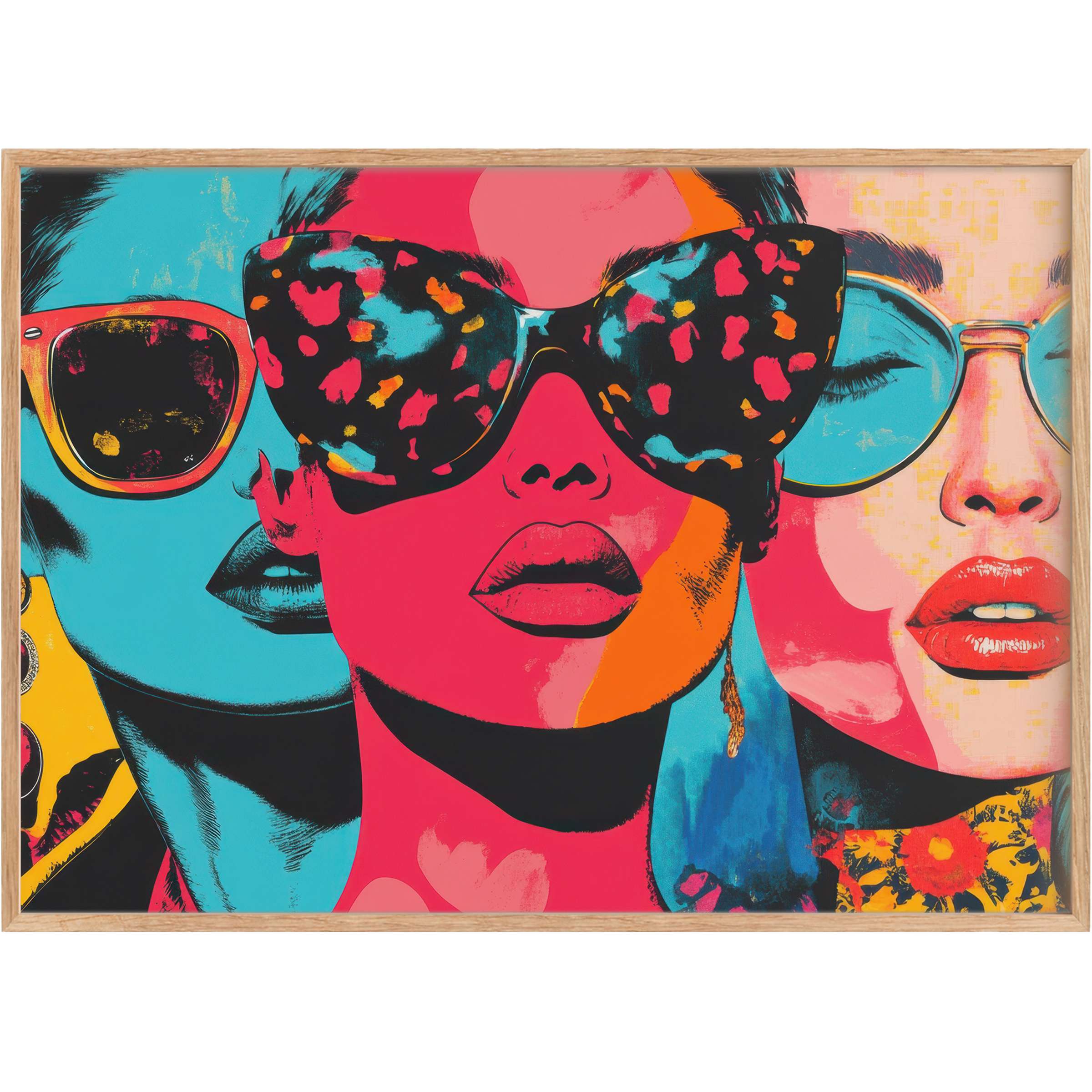 Striking pop art printable wall art featuring bold turquoise, vibrant pinks, and fiery oranges, evoking confident, modern glamour