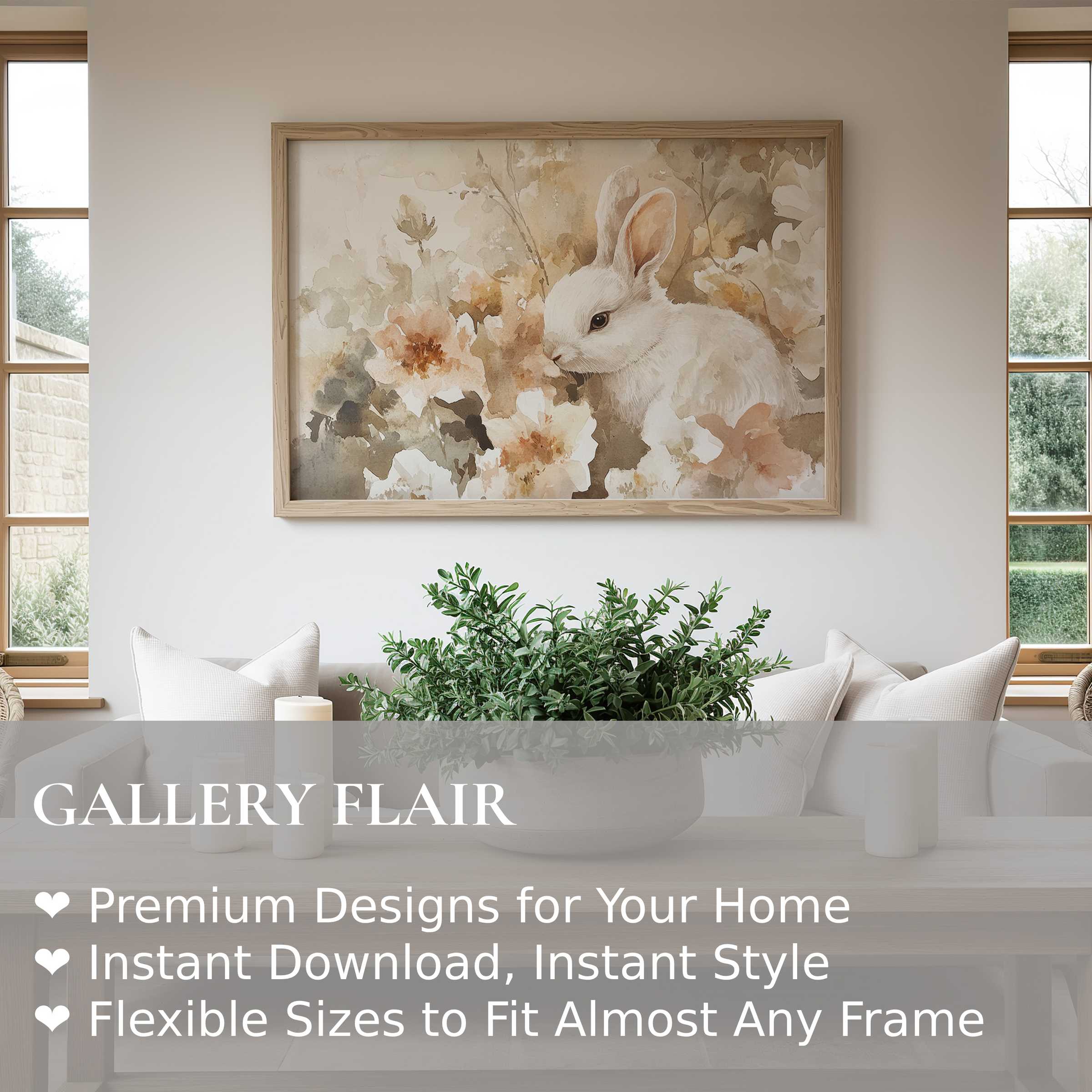 Easter wall art print featuring a soft, serene bunny amid delicate florals, enhancing modern neutral interiors with calming elegance