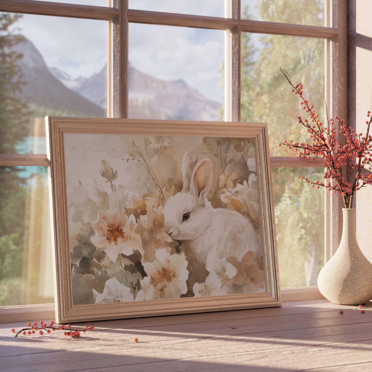 Easter downloadable art featuring a serene white bunny amid soft florals, enriching tranquil, design-forward interiors