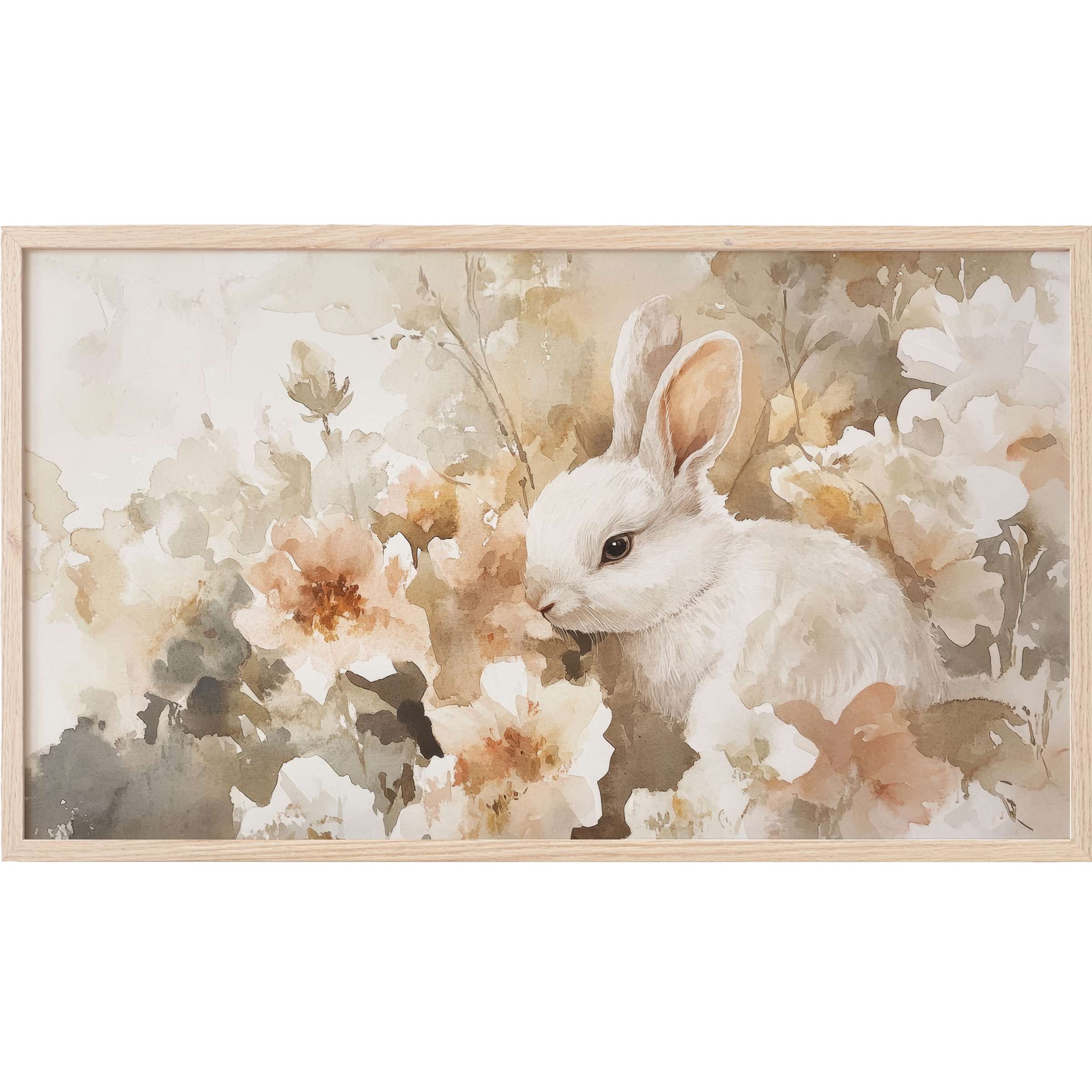 Elegant watercolor of a white bunny amid soft beige and blush blooms, a serene easter Frame TV Art piece