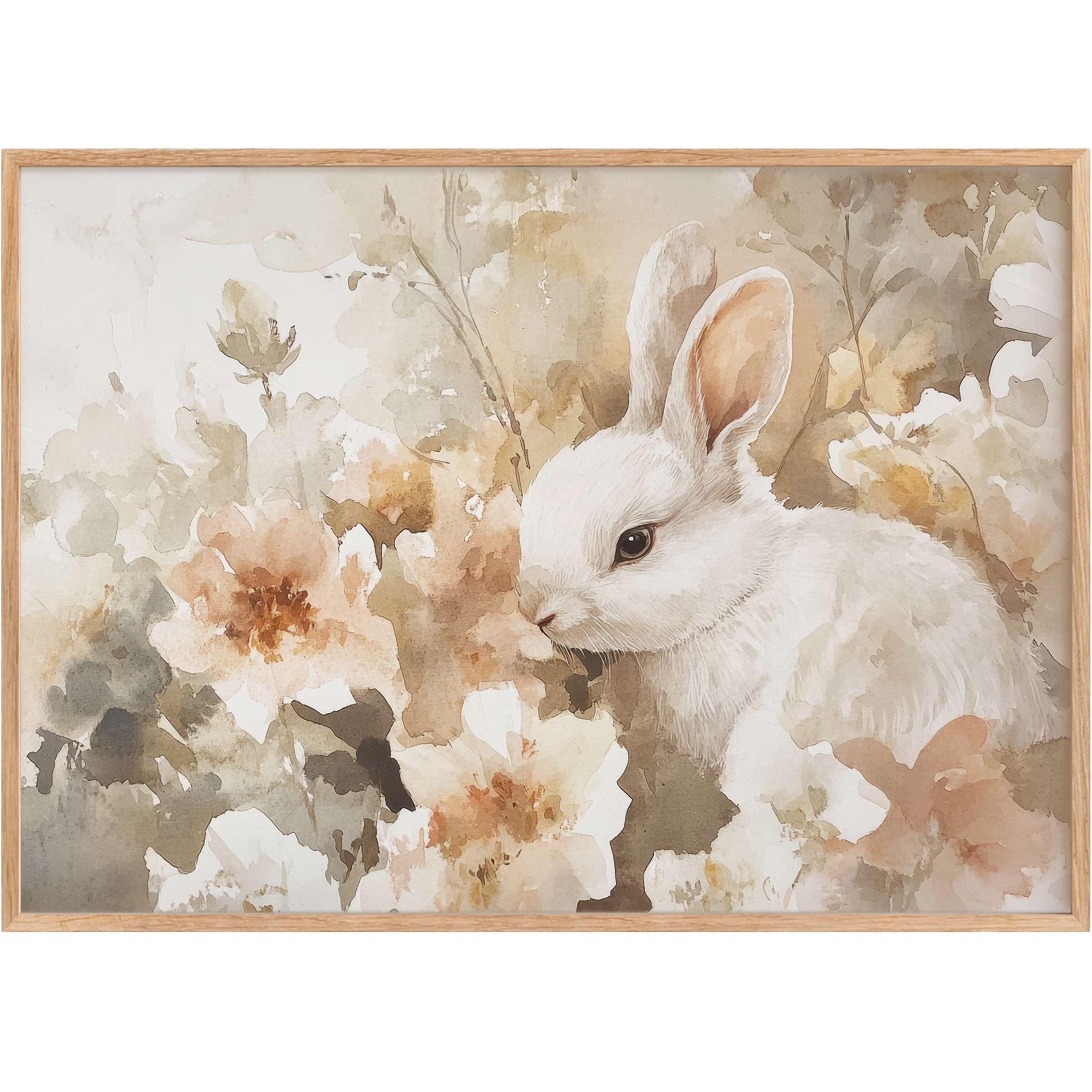 Easter printable wall art featuring a serene white bunny amid soft blush and cream florals, evoking warmth and gentle elegance
