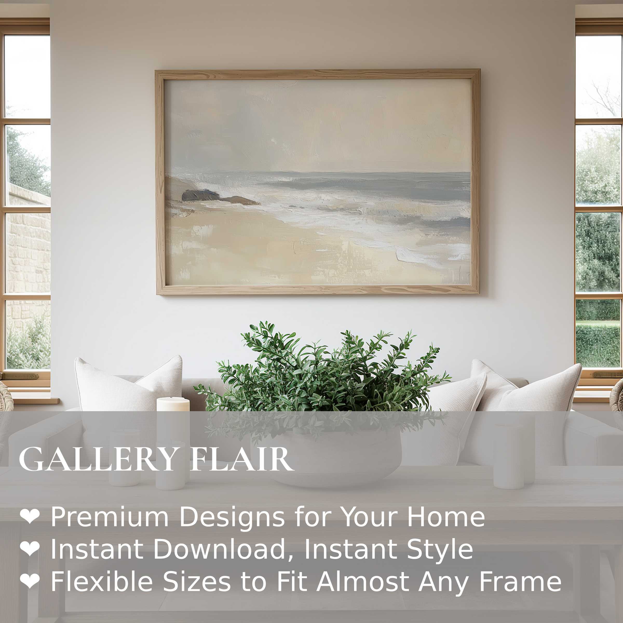Serene landscape wall art print featuring soft, muted coastal tones and textured brushstrokes, elevating modern minimalist interiors with calming elegance