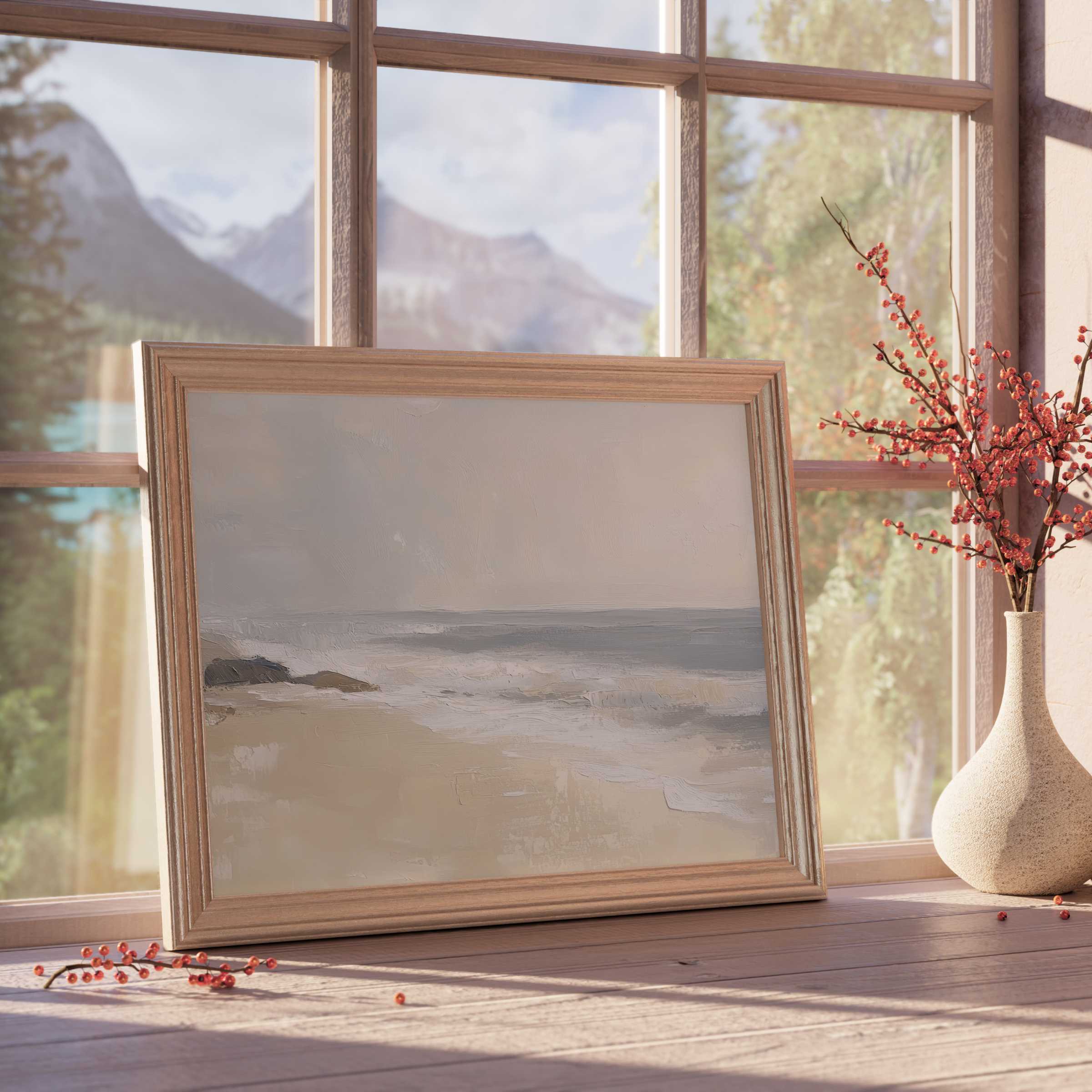 Serene landscape downloadable art capturing a misty coastal scene, perfect for elevating calm, curated interiors with coastal wall decor