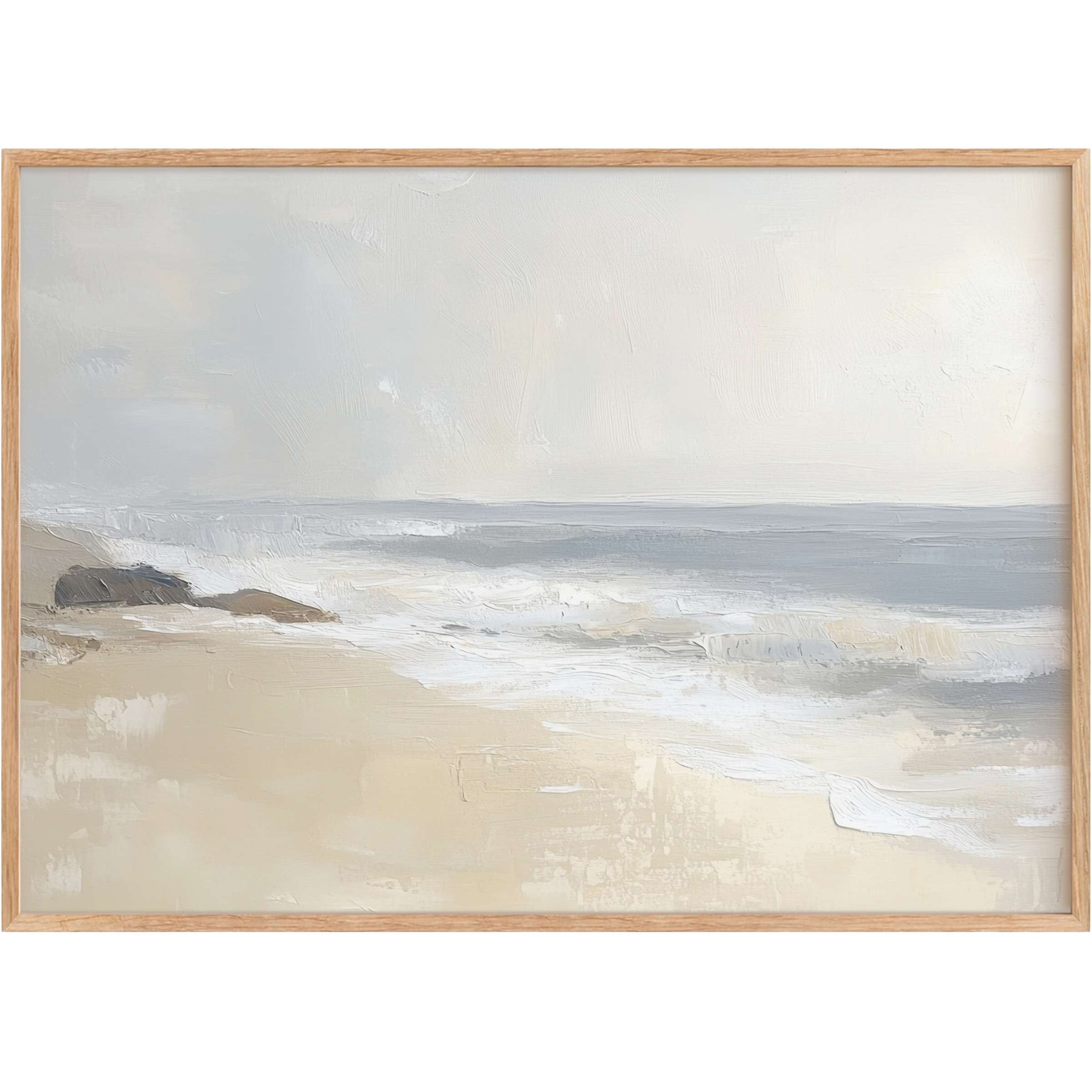 Serene beachscape in soft greys and sandy tones, a calming landscape printable wall art that elevates tranquil interiors