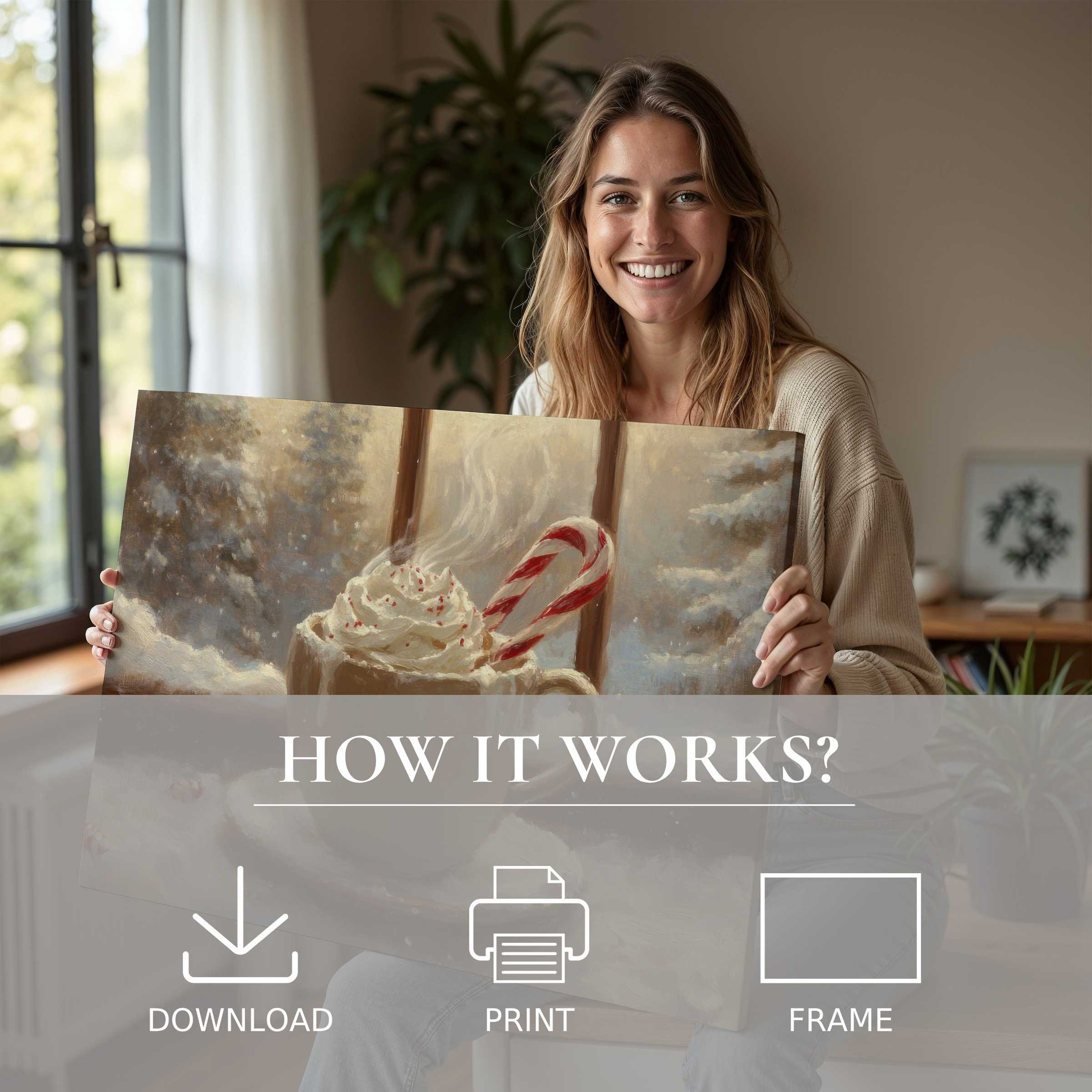 A joyful moment of connection with a Christmas digital art print in warm tones, elevating modern home elegance