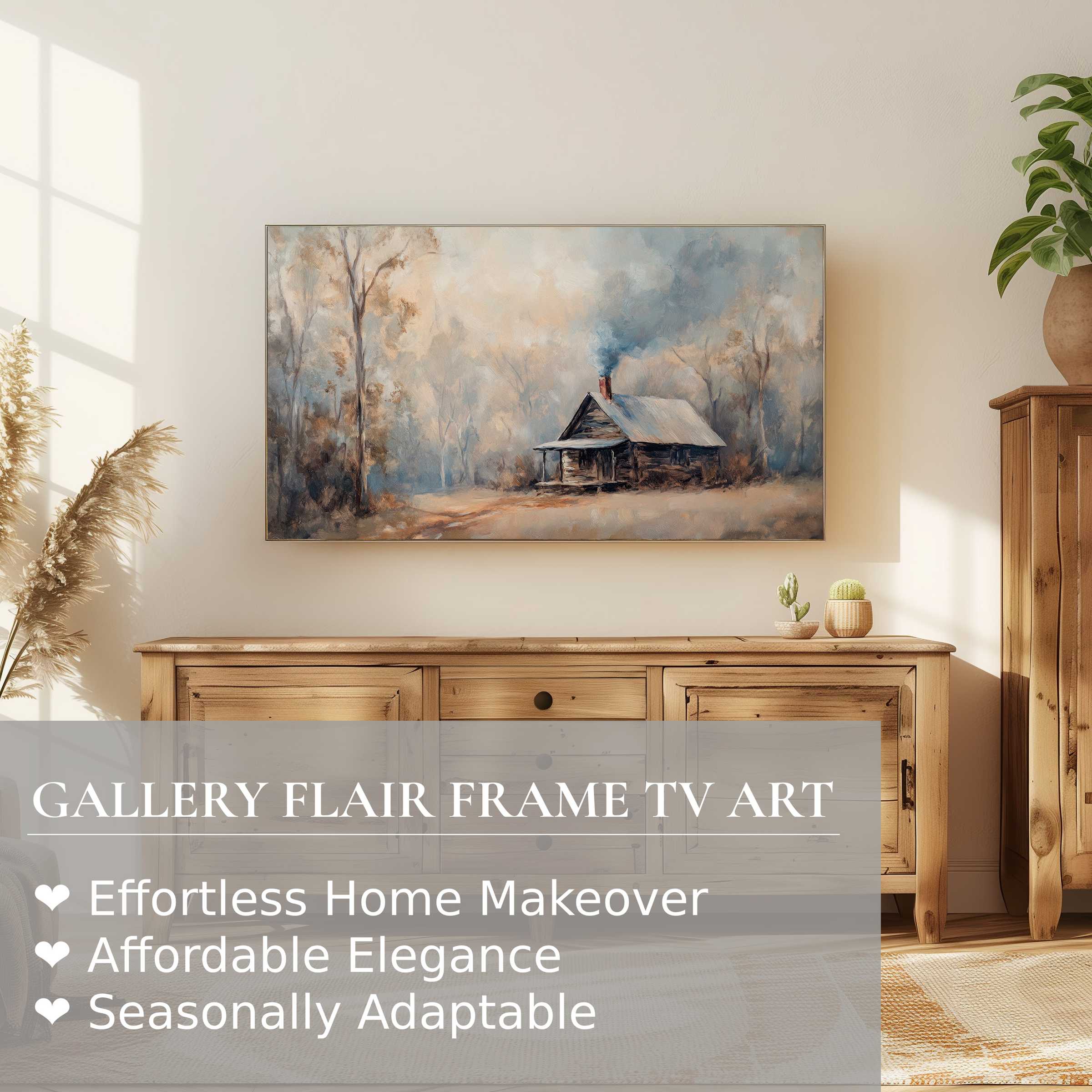 Samsung Frame TV displaying serene winter digital artwork of a cozy cabin in a soft, elegant modern setting