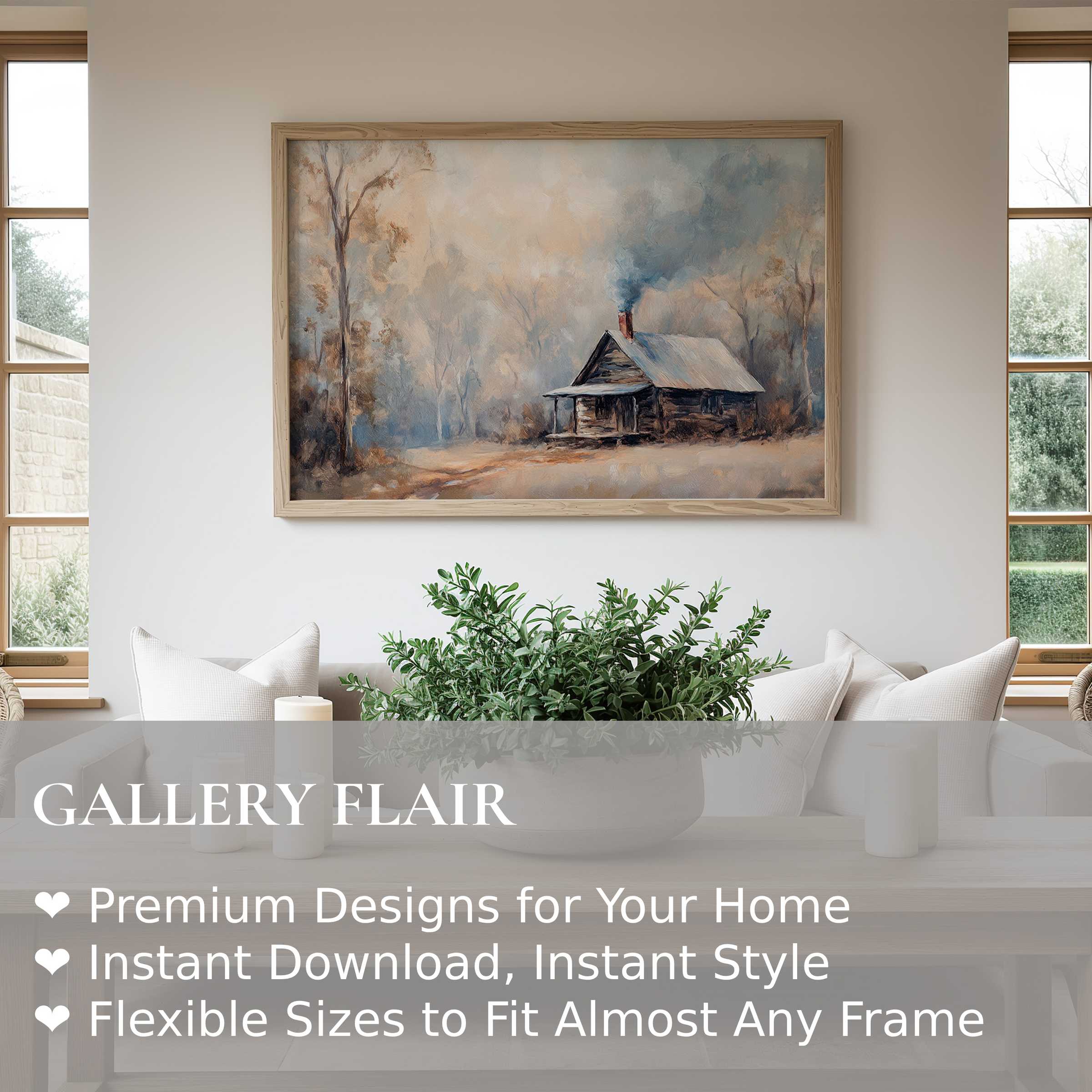 Winter wall art print showcasing a serene cabin scene with soft hues and calming atmosphere, enhancing modern rustic interiors