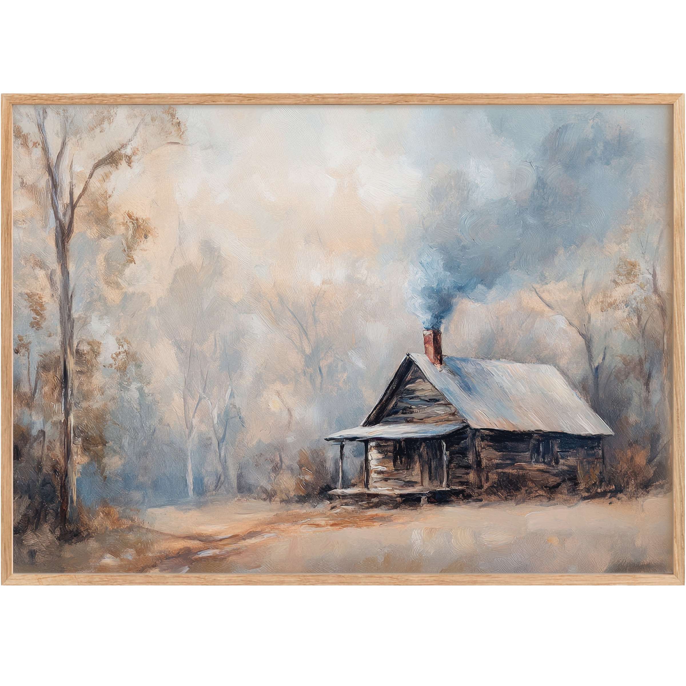 Rustic winter printable wall art evokes cozy serenity with soft greys, muted browns, and gentle blue smoke rising