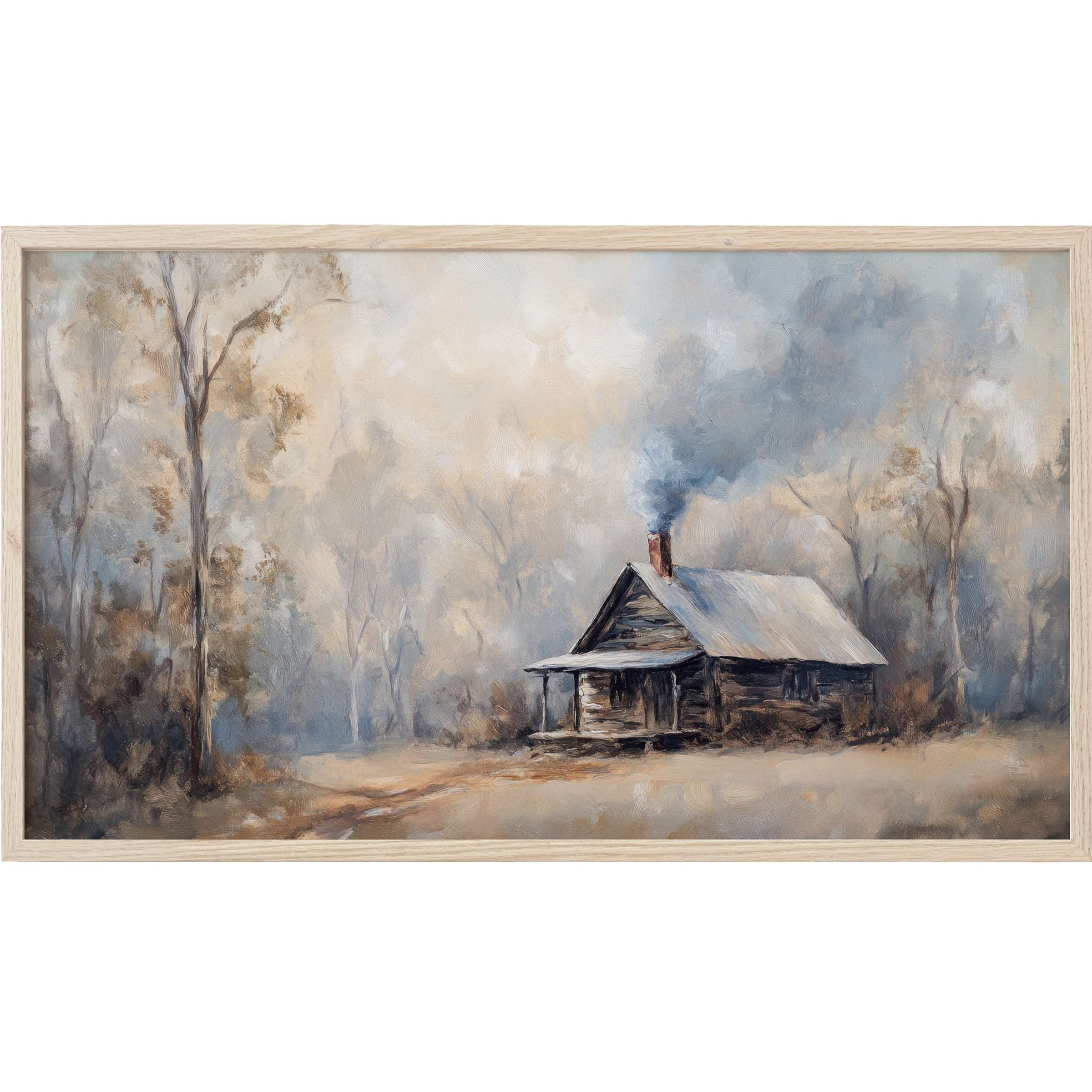 Winter Frame TV Art featuring a serene cabin in muted grays and browns with smoky atmospheric brushwork