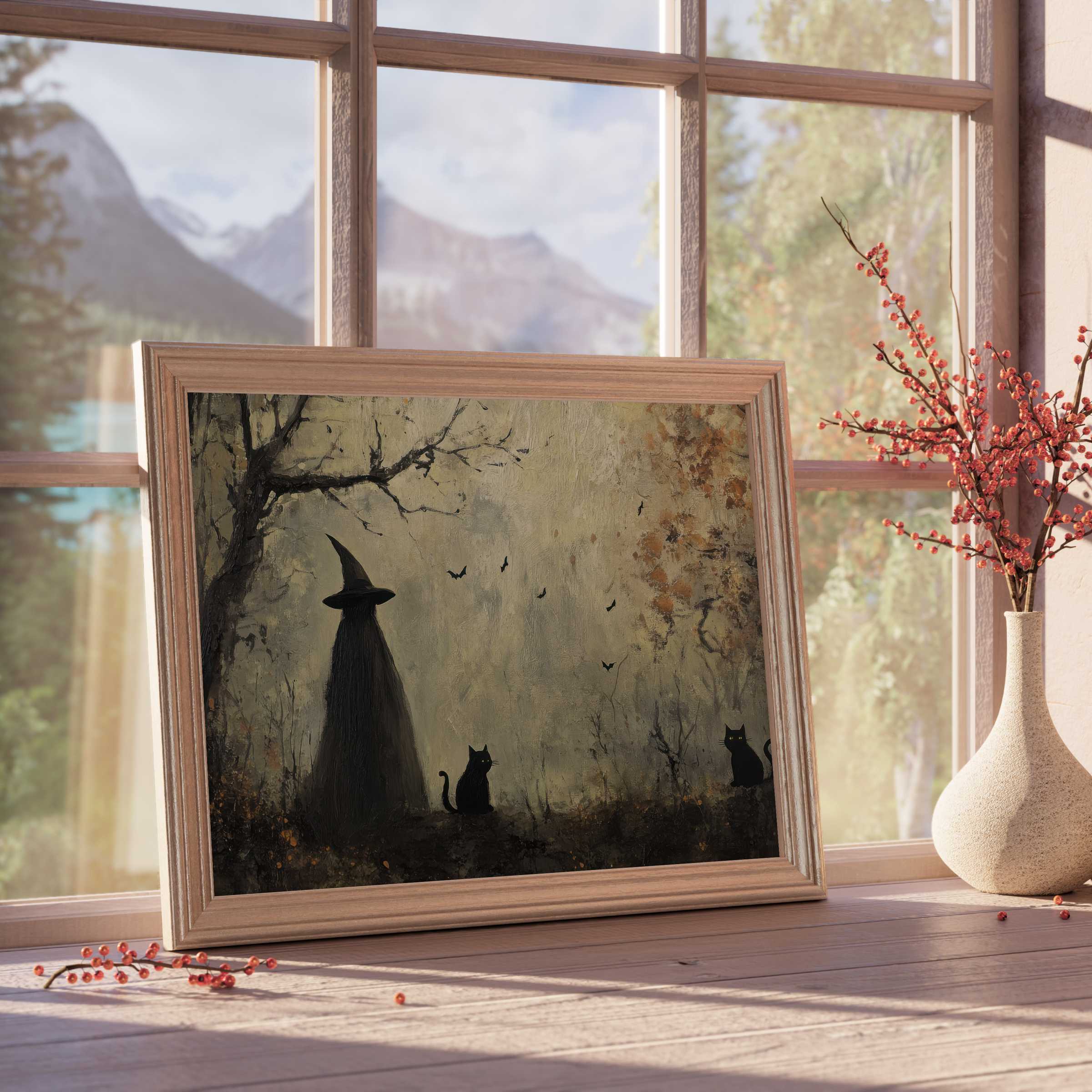 Ethereal halloween downloadable art featuring a mystic witch silhouette and black cats, enhancing serene, curated interiors with autumnal charm