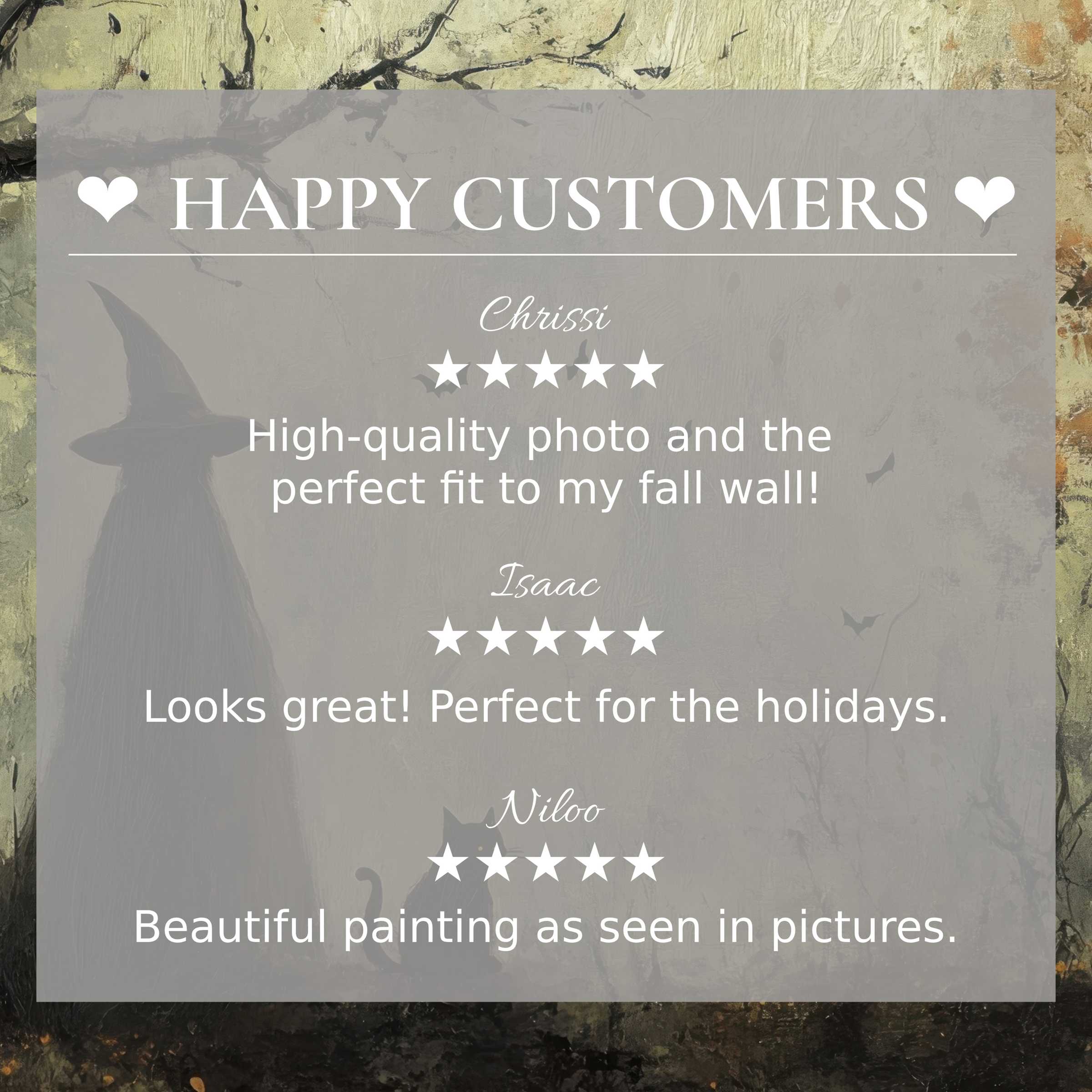 Halloween art for Frame TV with happy customer reviews over elegant muted forest tones, building trust and style