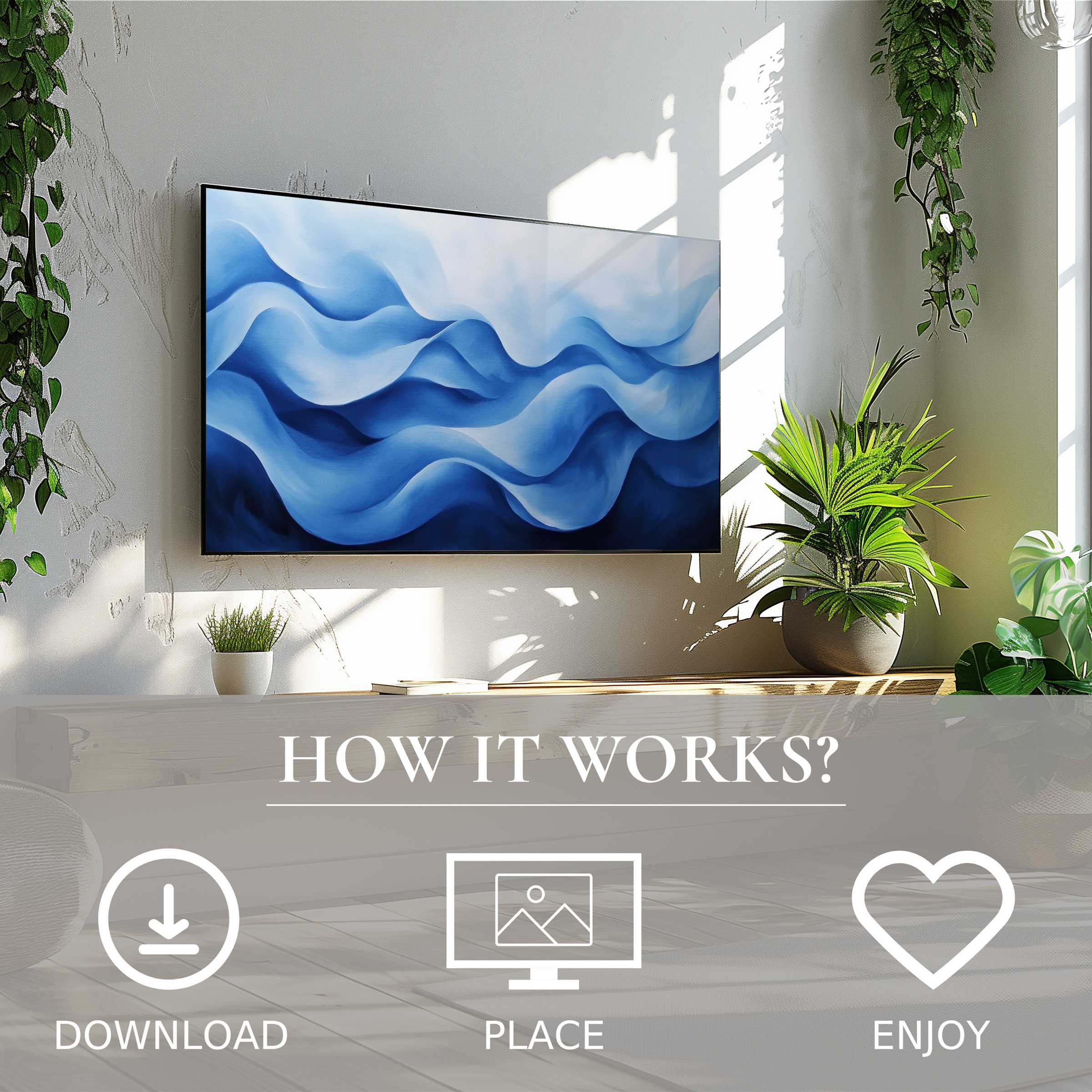 Modern art for Samsung TV with flowing blue waves motif; easy digital download enriches bright, green-accented living space